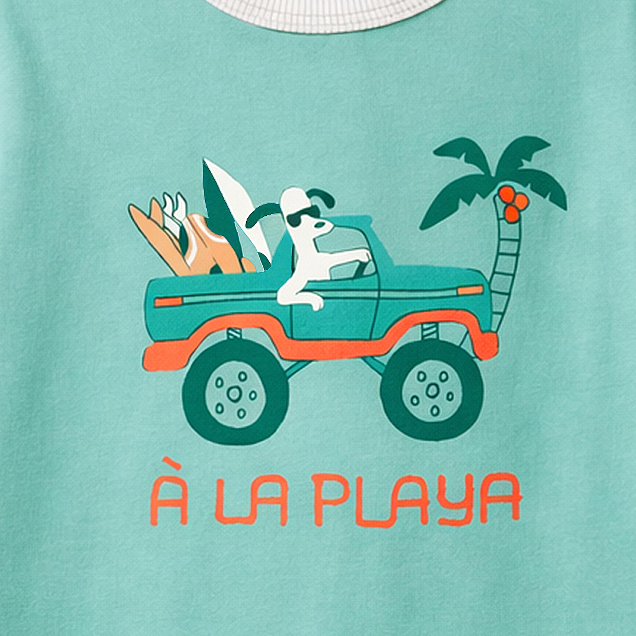 Zoom détails du t-shirt turquoise avec illustration, enfant