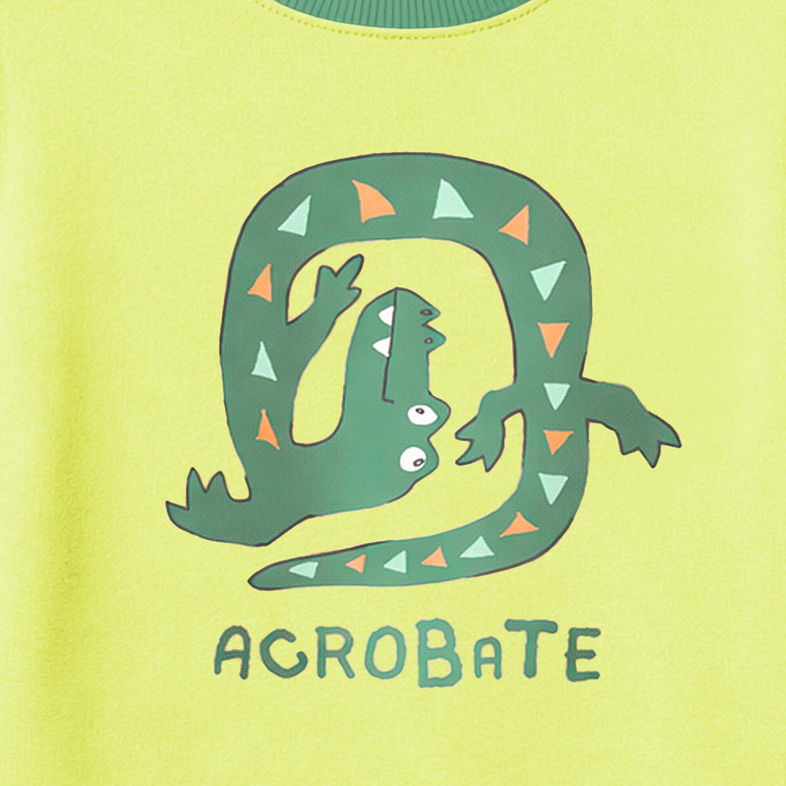 Zoom détails du t-shirt vert lime avec illustration, enfant