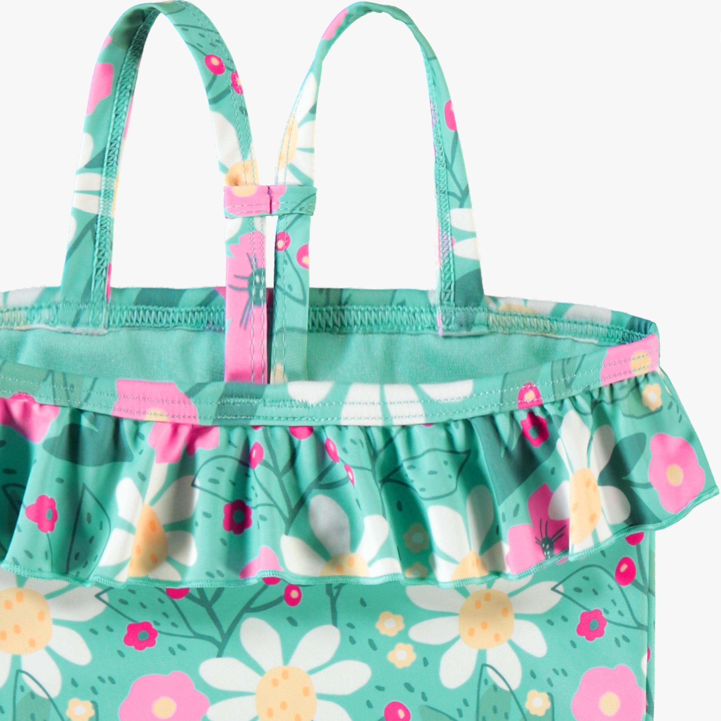 Zoom détails dos du maillot de bain deux pièces turquoise à motif floral, enfant