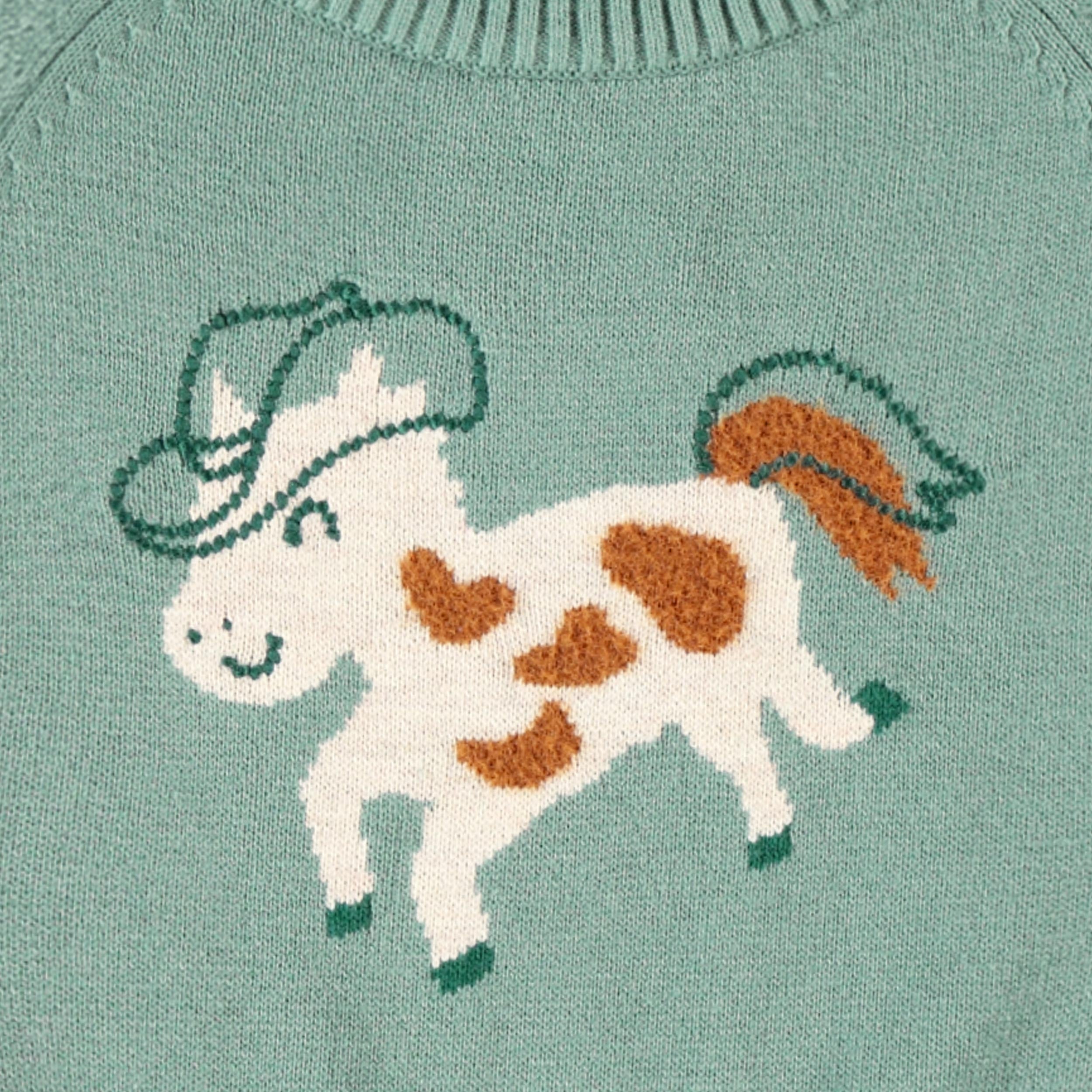 Zoom imprimé du chandail turquoise en tricot à motif de cheval, bébé - Souris Mini