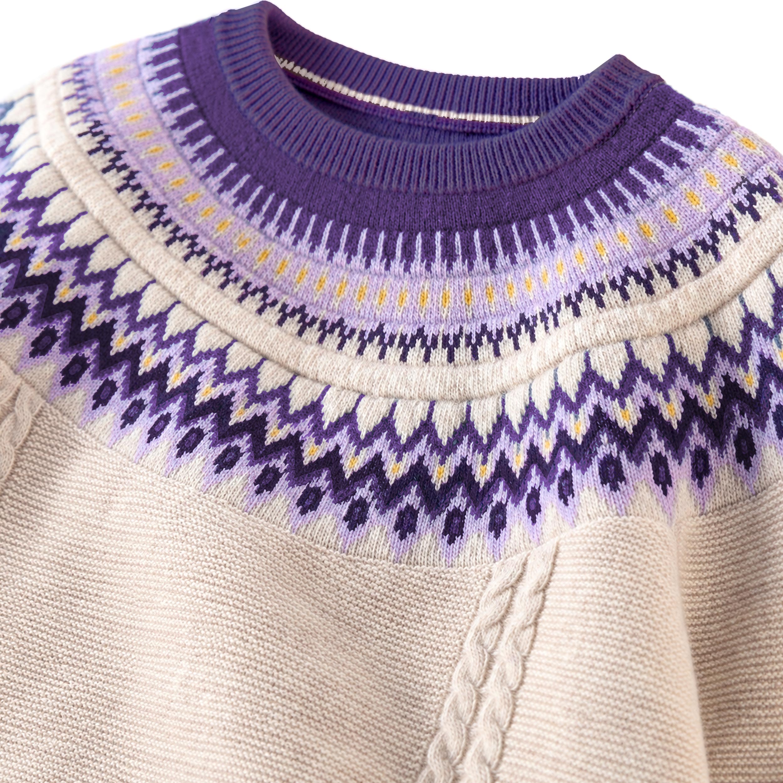 Zoom details du chandail crème en tricot à motifs jacquard, bébé