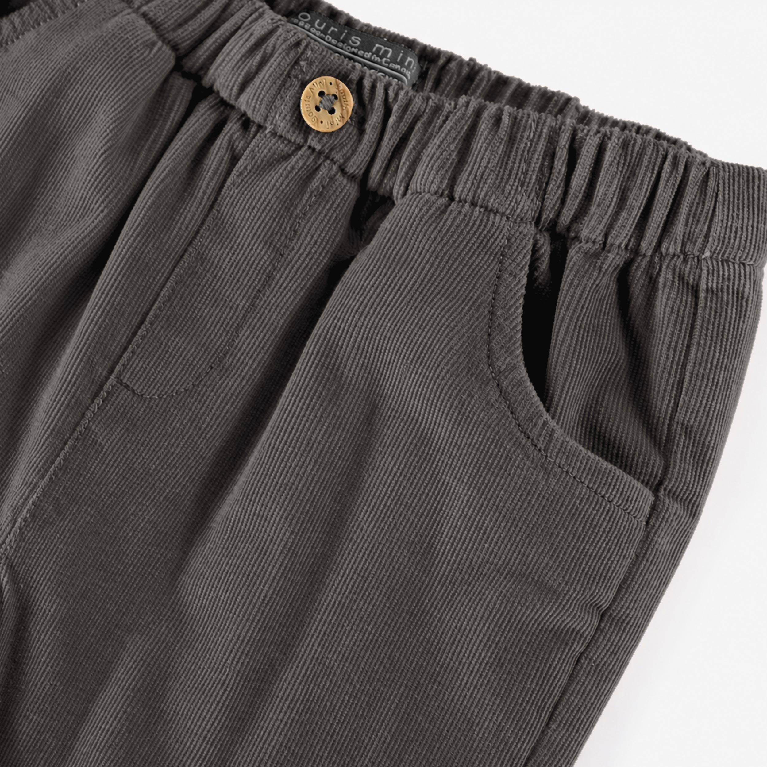 Zoom détails du pantalon en velours côtelé gris foncé, bébé