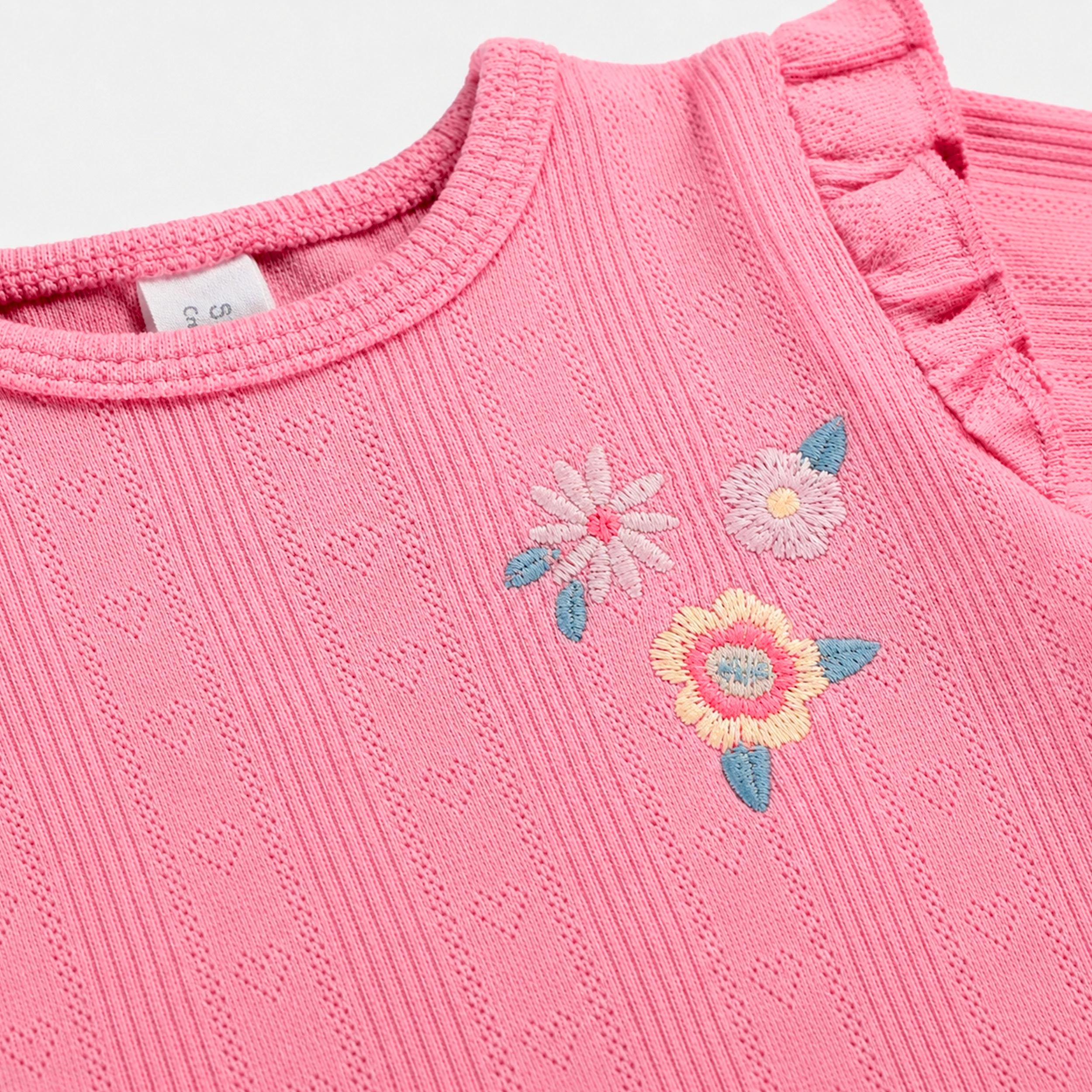 Gros plan de la broderie de fleurs et des volants aux epaules sur un cache-couche rose en maille pointelle.