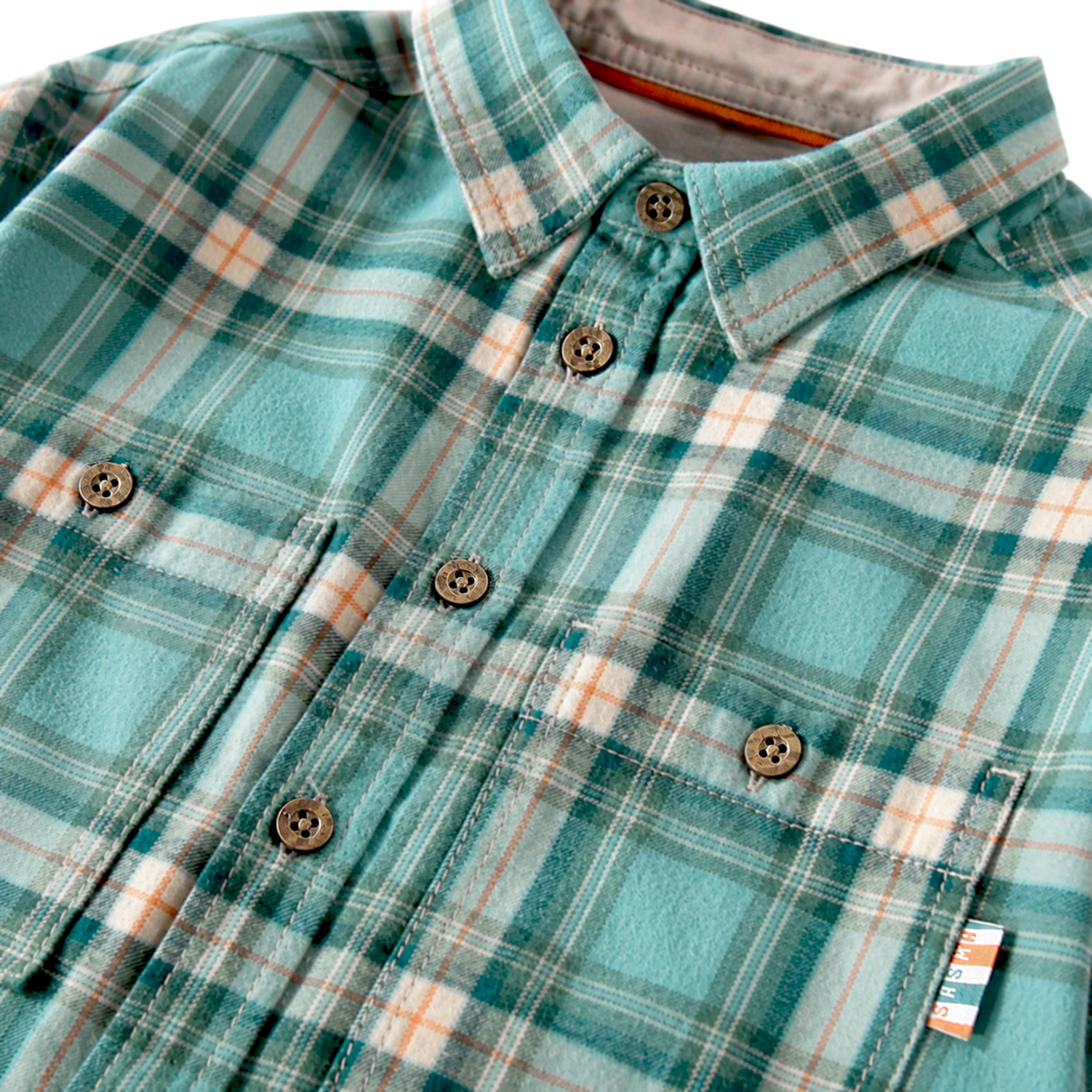 Zoom détails de la chemise verte à carreaux en flanelle de coton, enfant