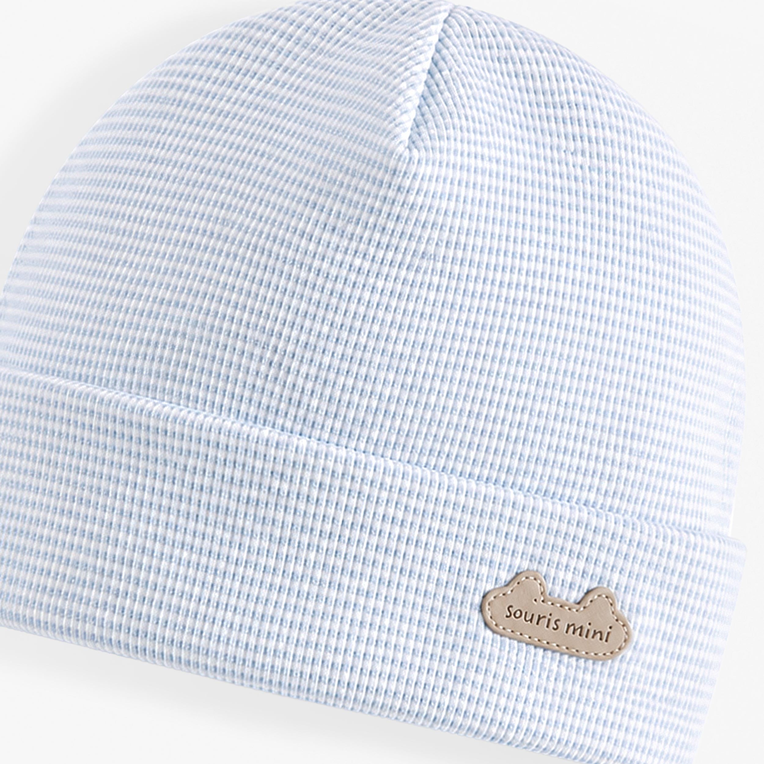 Zoom du bonnet bleu pâle à rayures, naissance - Souris Mini