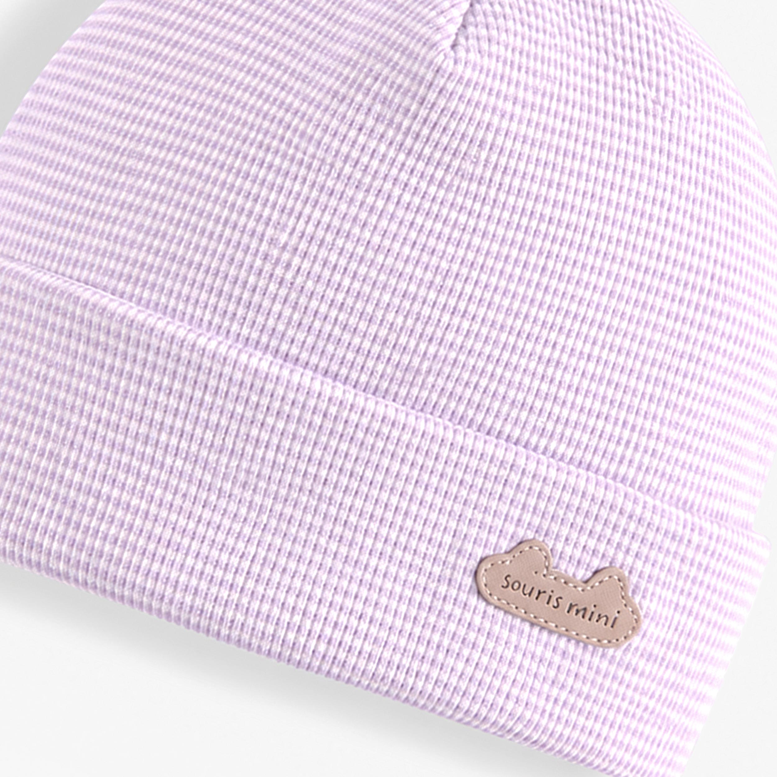 Zoom du bonnet lilas à rayures, naissance - Souris Mini