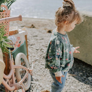 Chandail ample manches longues vert fleuri, bébé || Green long sleeves loose fit sweater with floral print, baby