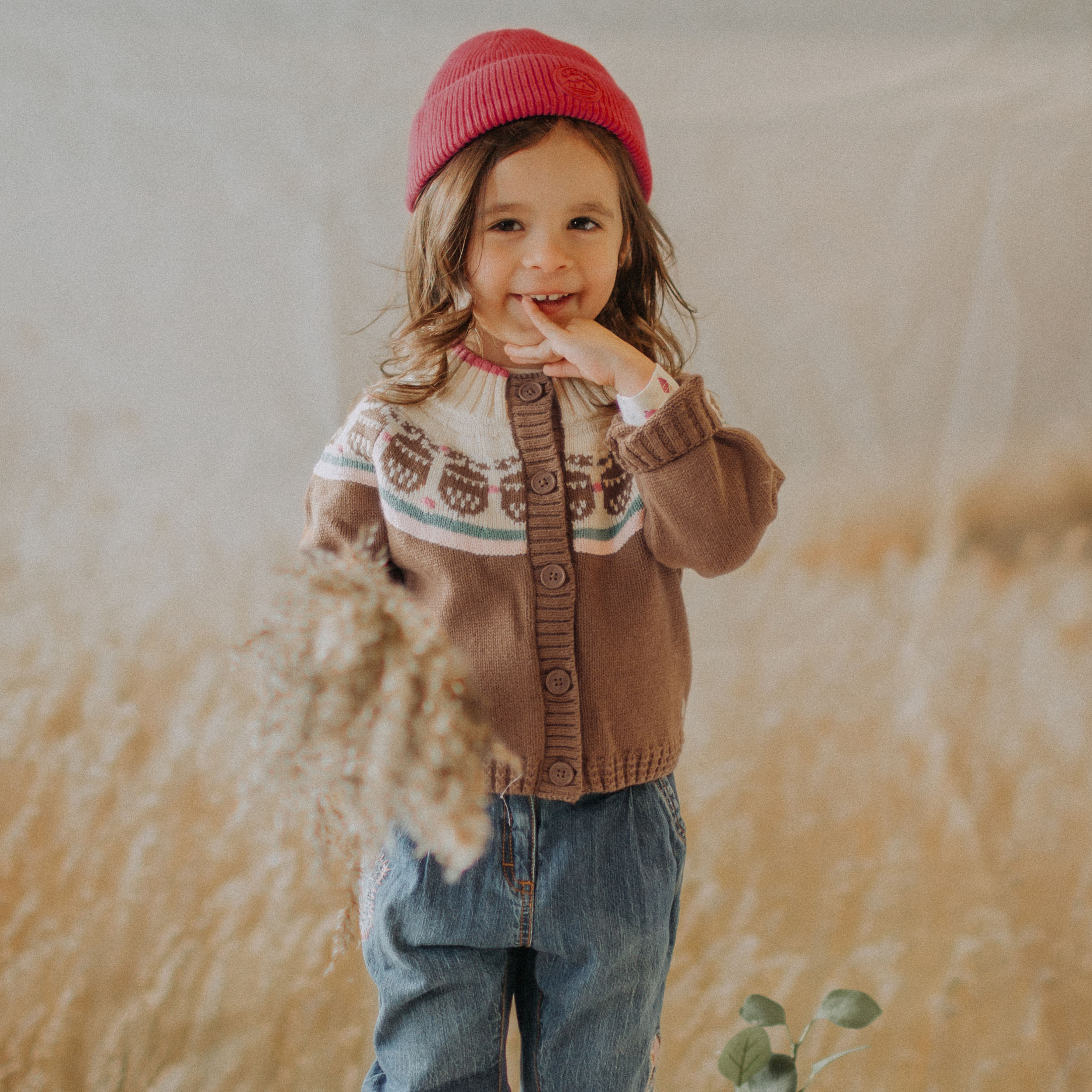 Brown patterned knitted vest in cotton cashmere, baby