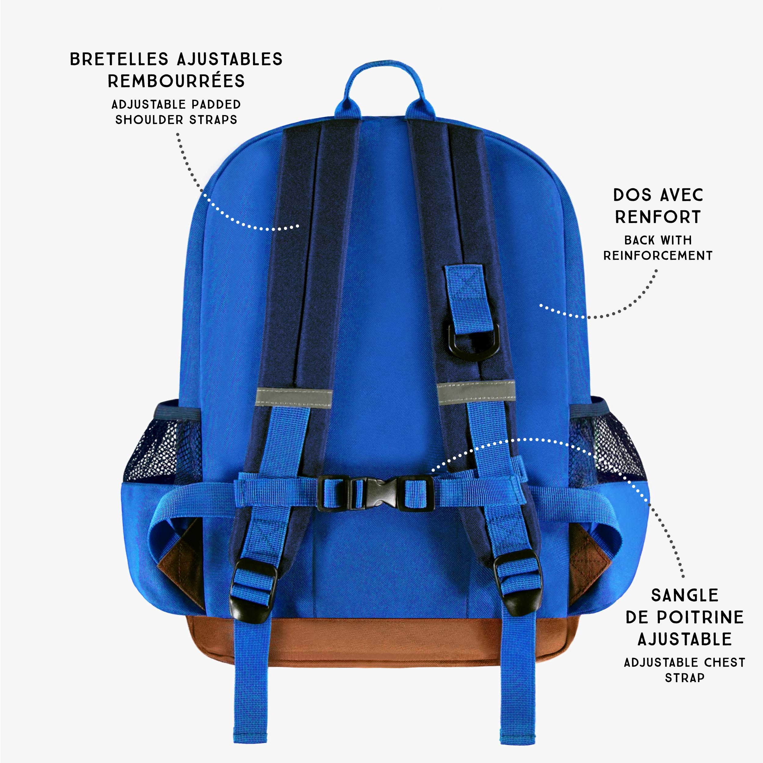 Points techniques du sac à dos bleu, enfant