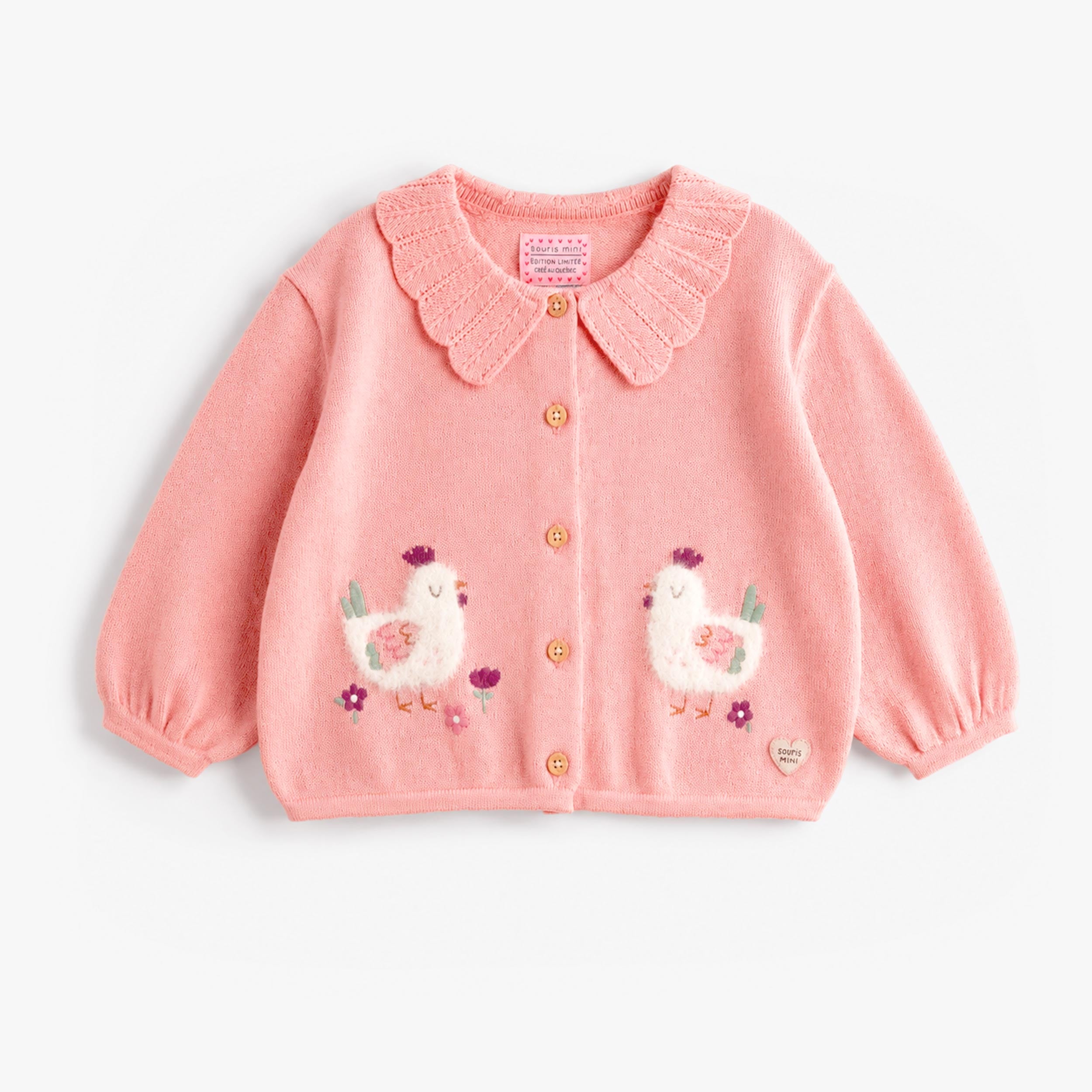 Cardigan rose bébé avec col volant et motifs oiseaux brodés - Souris Mini