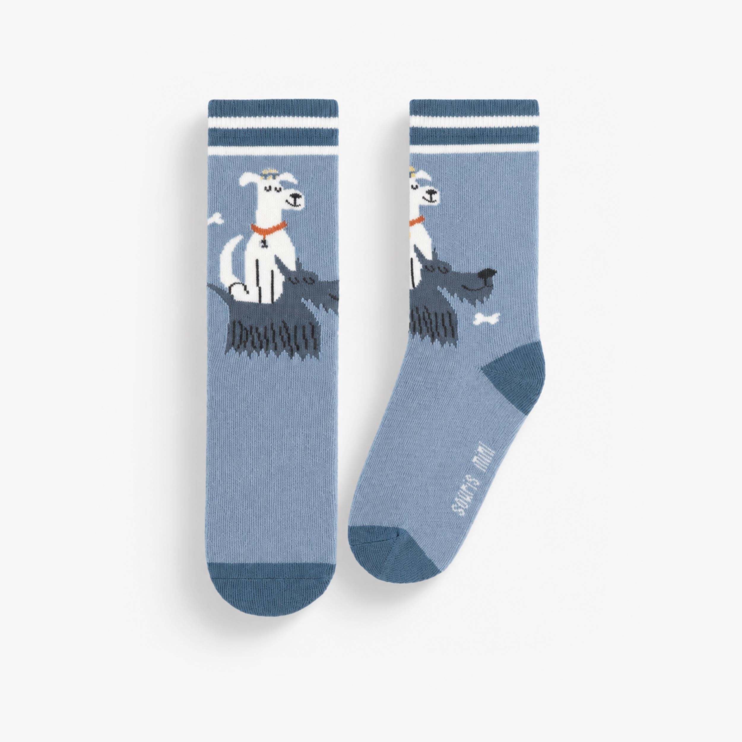 Chaussettes enfant bleu pâle en coton doux avec illustration de chien et détails rayés - Souris Mini
