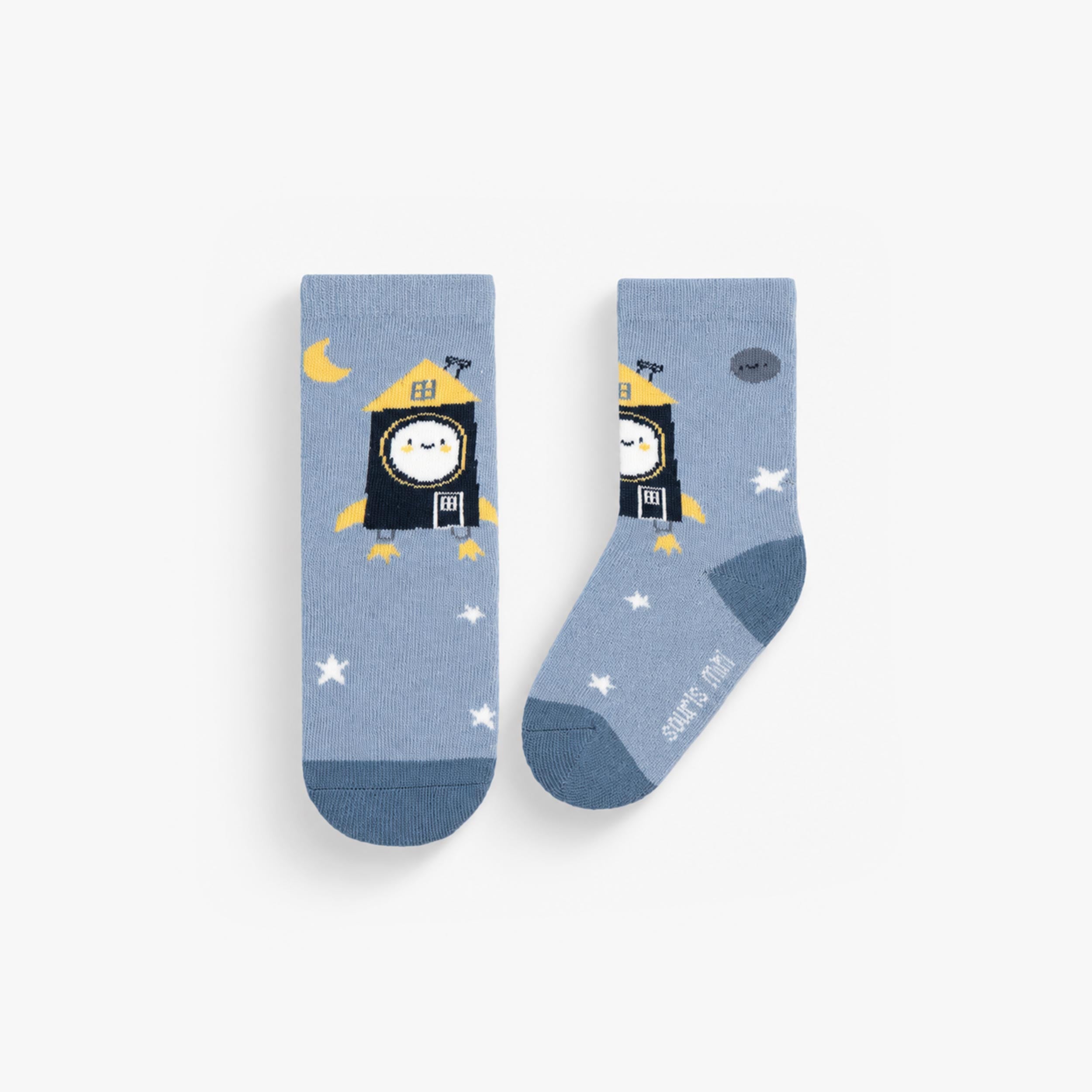 Paire de chaussettes enfant bleu clair avec motif hibou, lune et étoiles, vue de face. - Souris Mini
