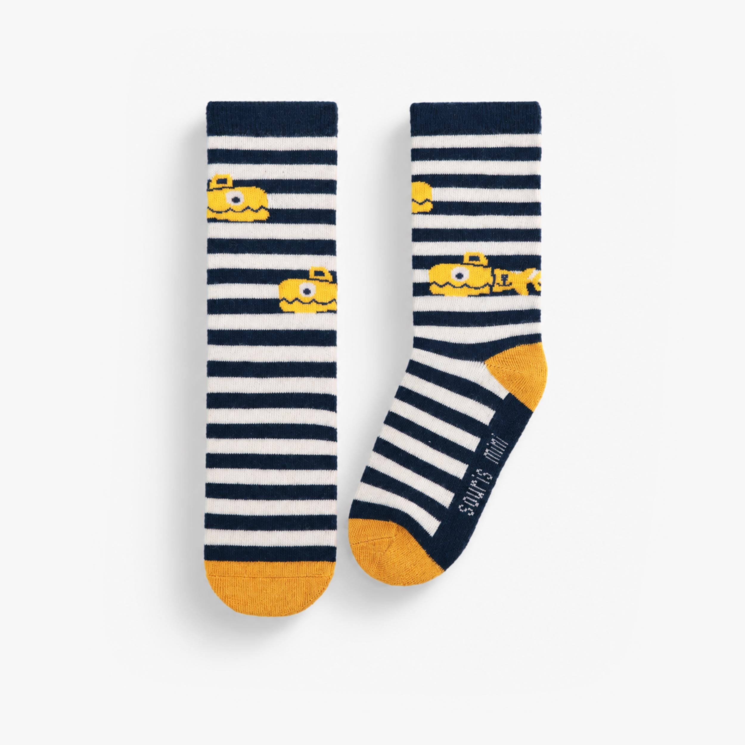 Paire de chaussettes enfant rayées bleu marine et blanc avec motif sous-marin jaune - Souris Mini