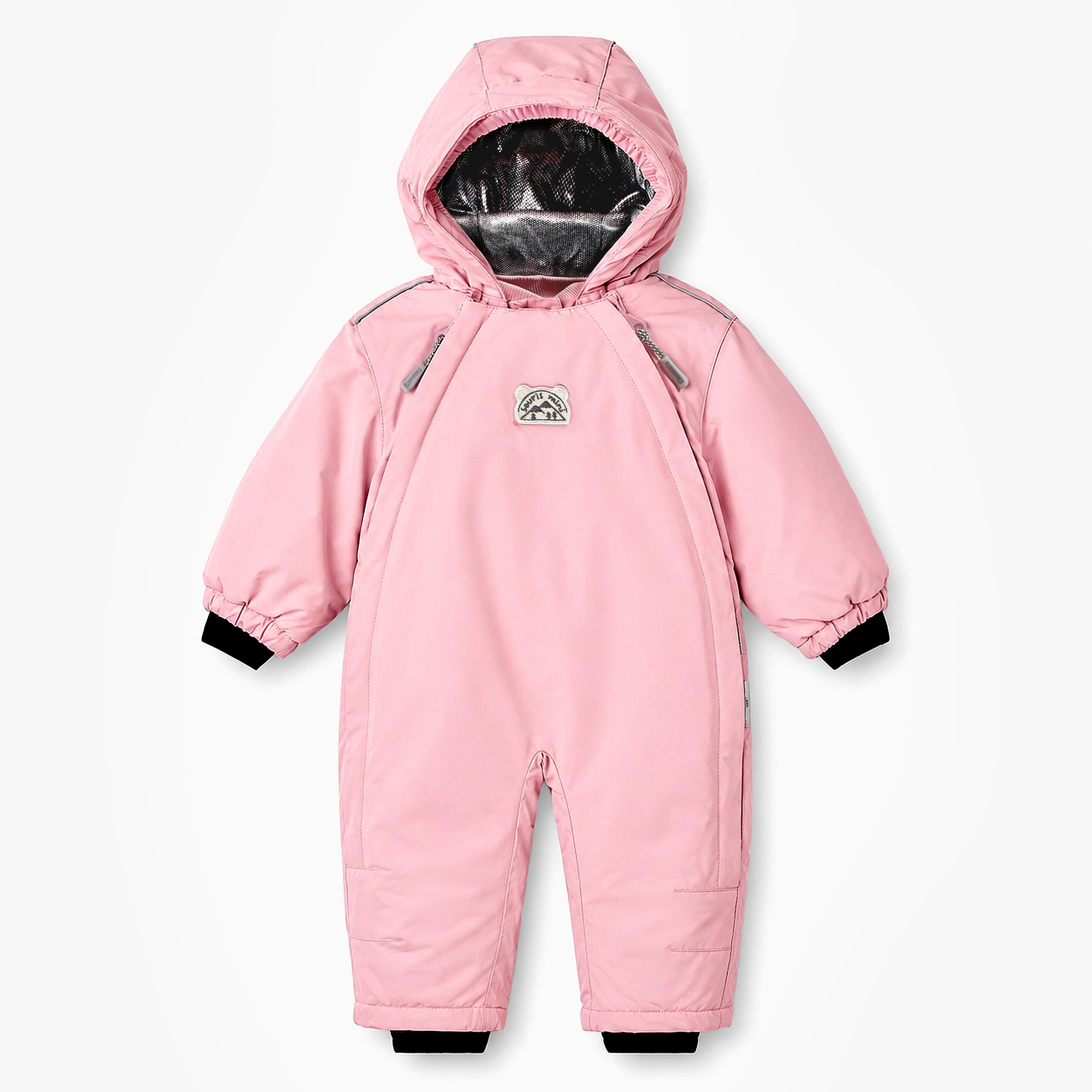 Combinaison de neige pour bébé rose pâle avec capuchon isolé, doublure réfléchissante thermique et poignets extensibles contre le froid. - Souris Mini