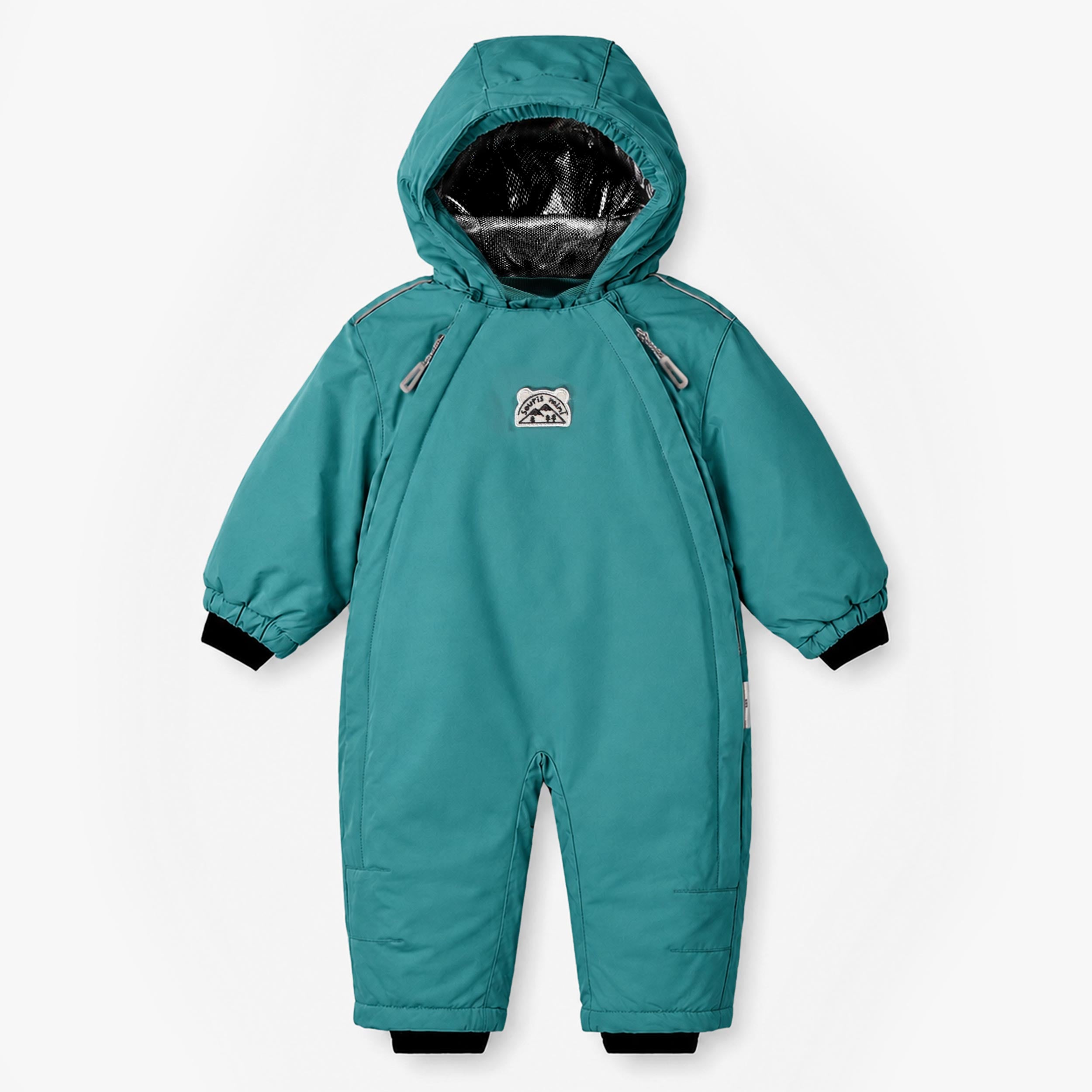 Combinaison de neige une pièce pour bébé turquoise avec capuchon doublé thermoréfléchissant, poignets coupe-froid et isolation hivernale. - Souris Mini