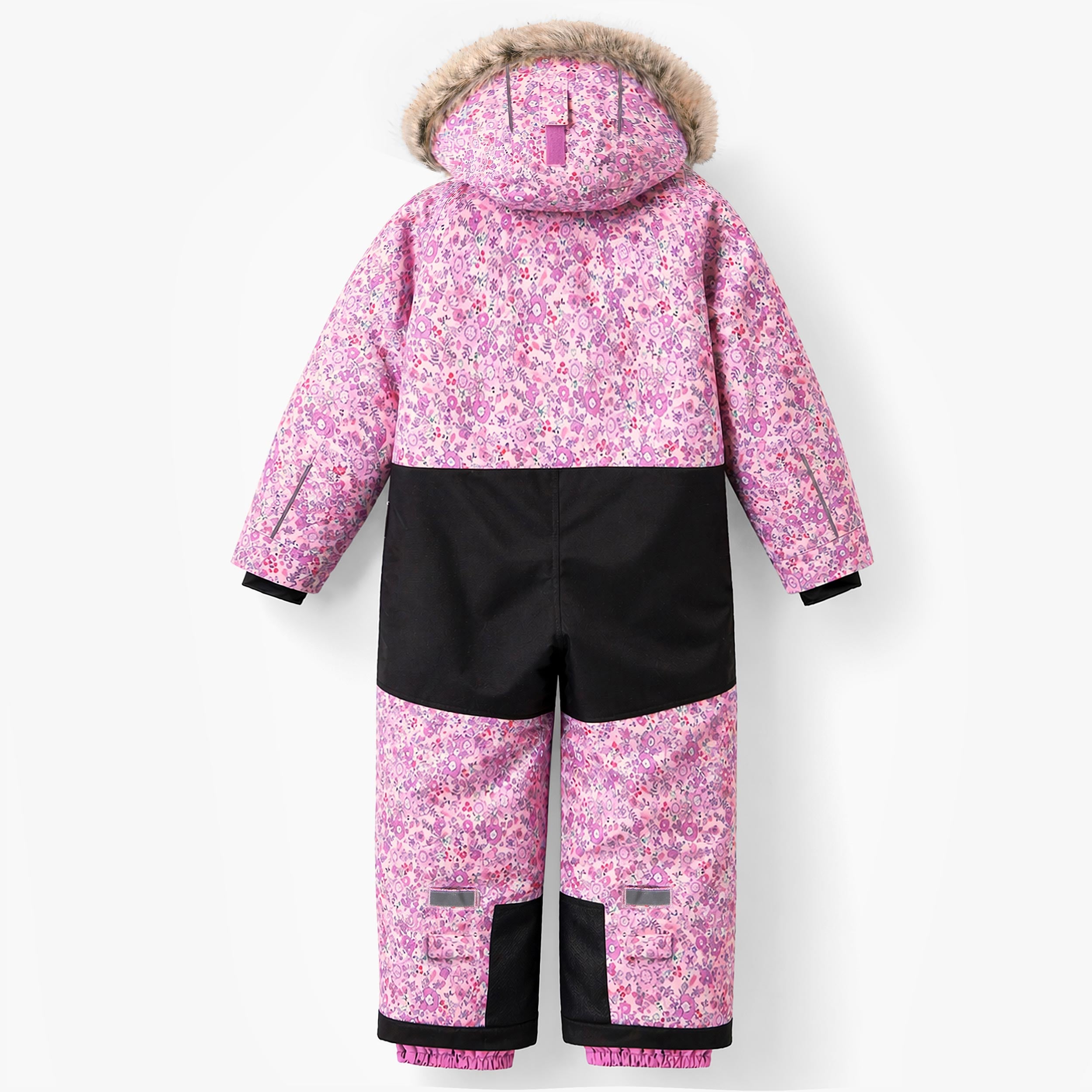 Vue dos de la combinaison de neige enfant rose à imprimé floral avec capuche bordée de fausse fourrure.