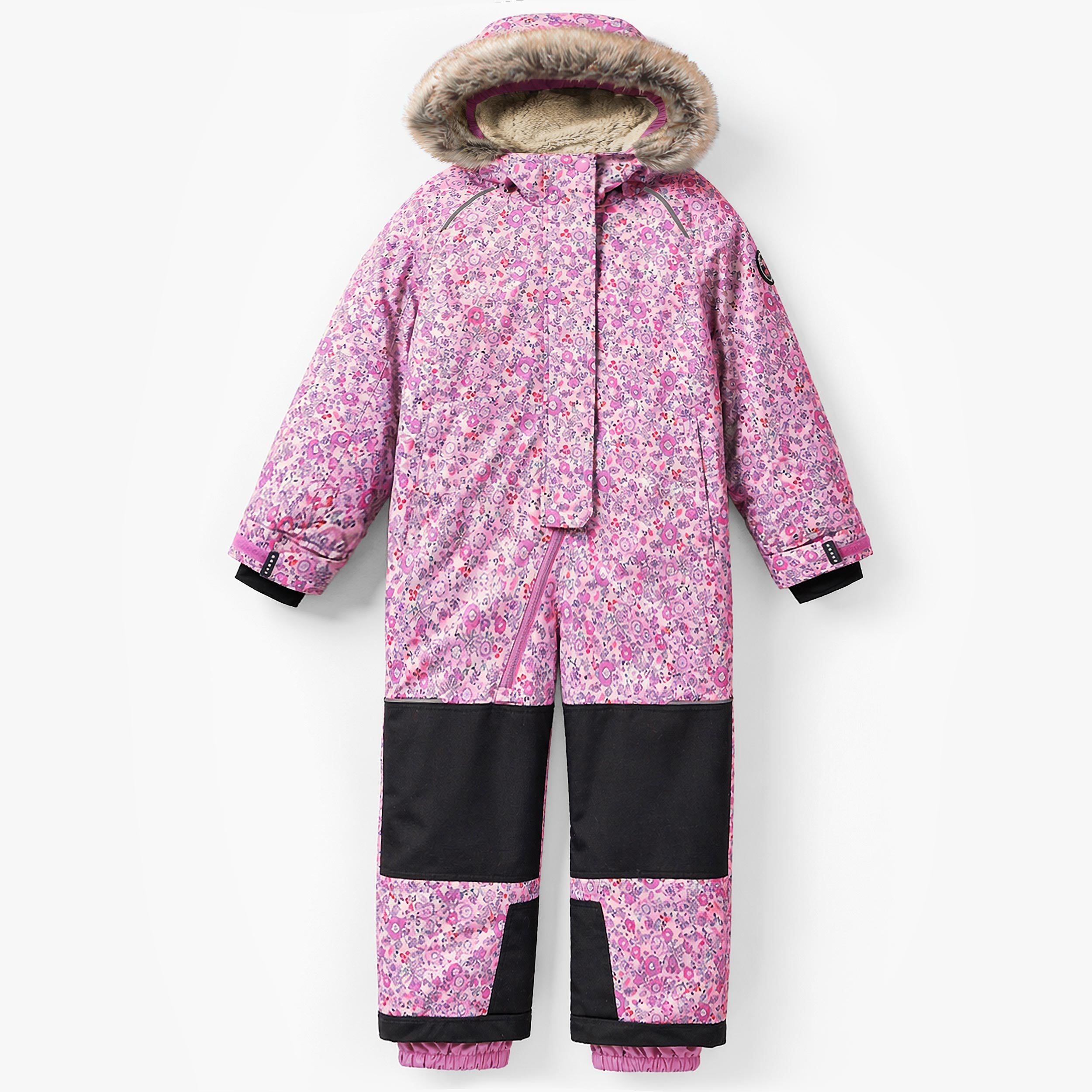 Combinaison de neige enfant rose à imprimé floral avec capuche bordée de fausse fourrure. - Souris Mini