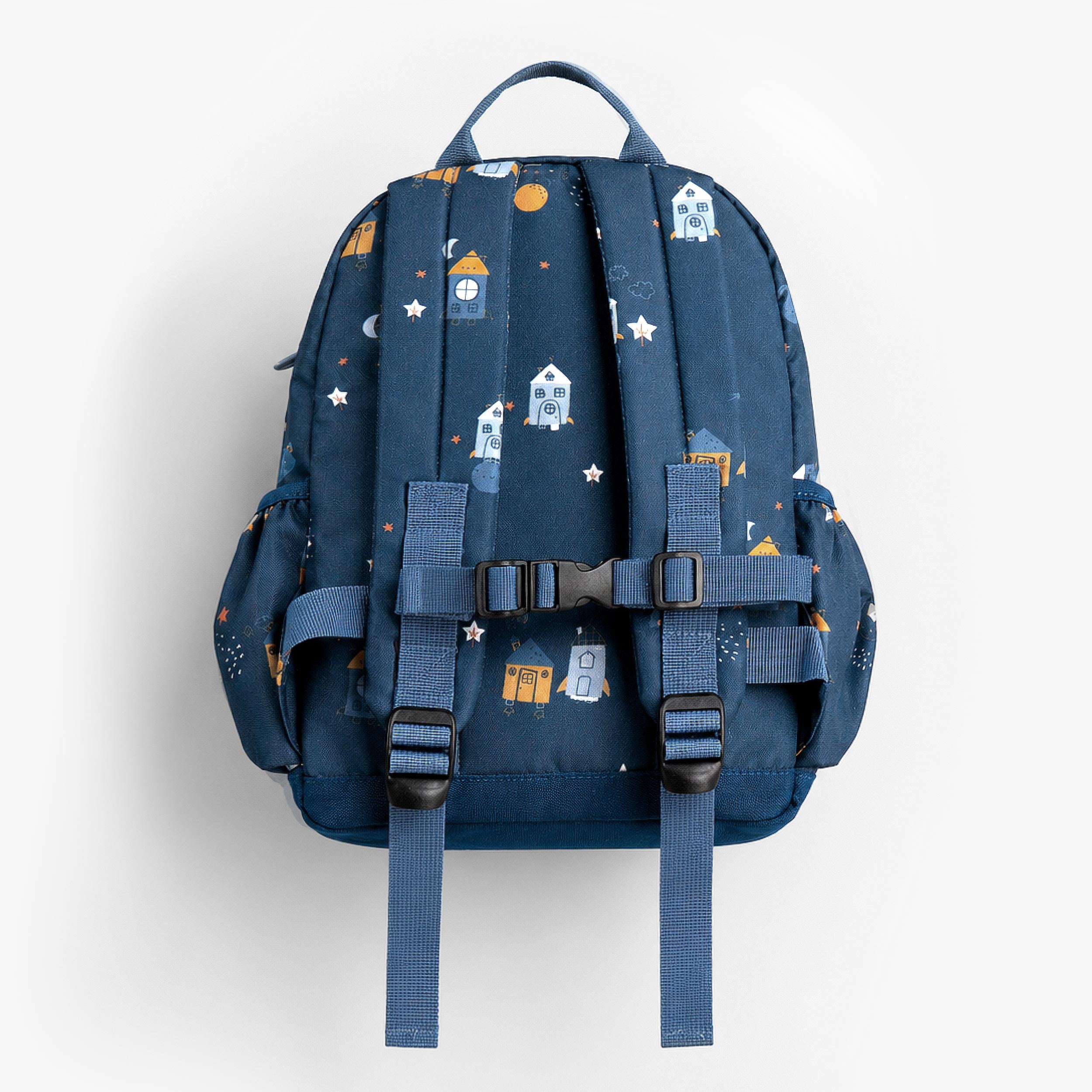 Vue arrière du sac à dos enfant bleu marine avec bretelles réglables confortables et attache de maintien sécurisée