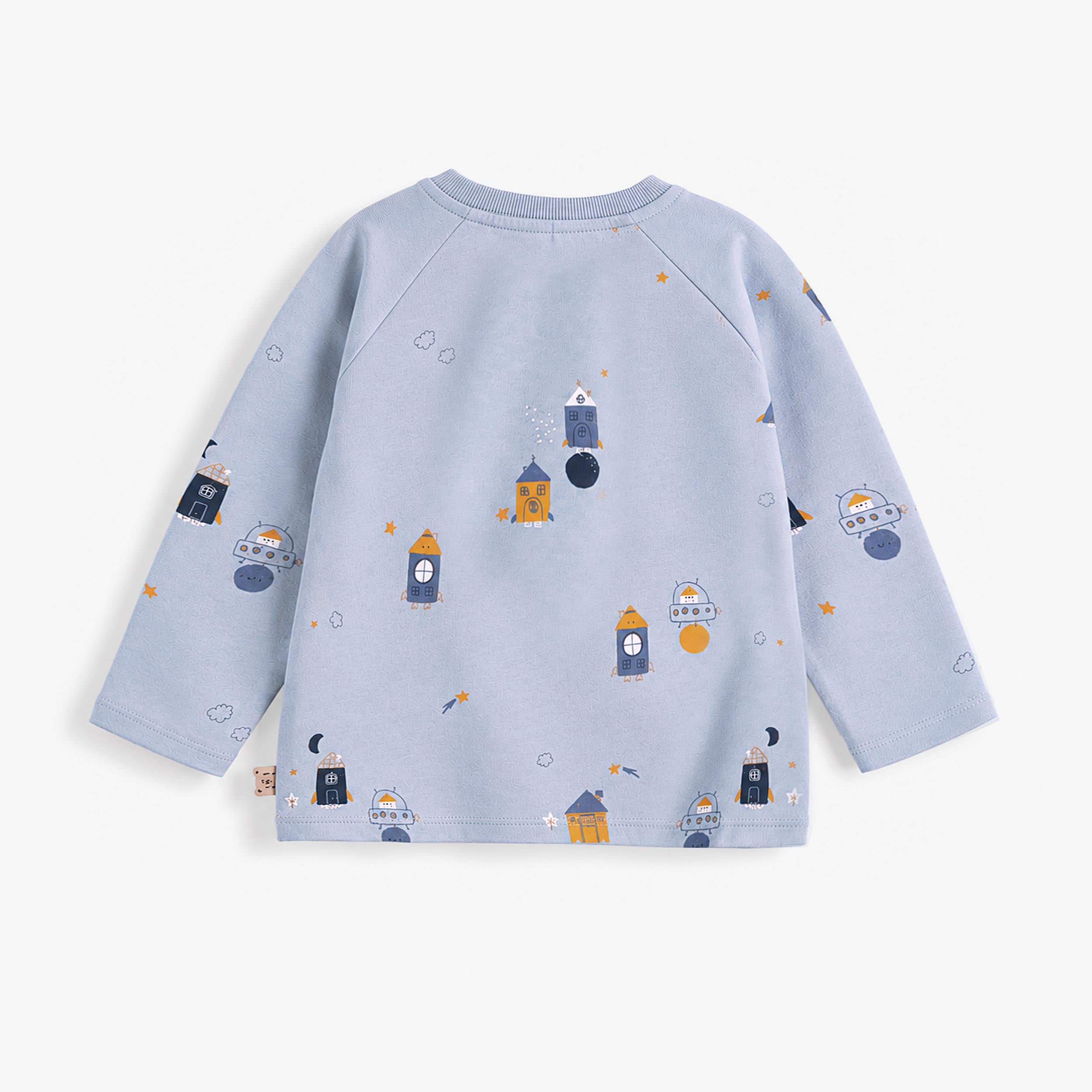 Vue dos du t-shirt bébé bleu clair avec imprimé espace et fusées