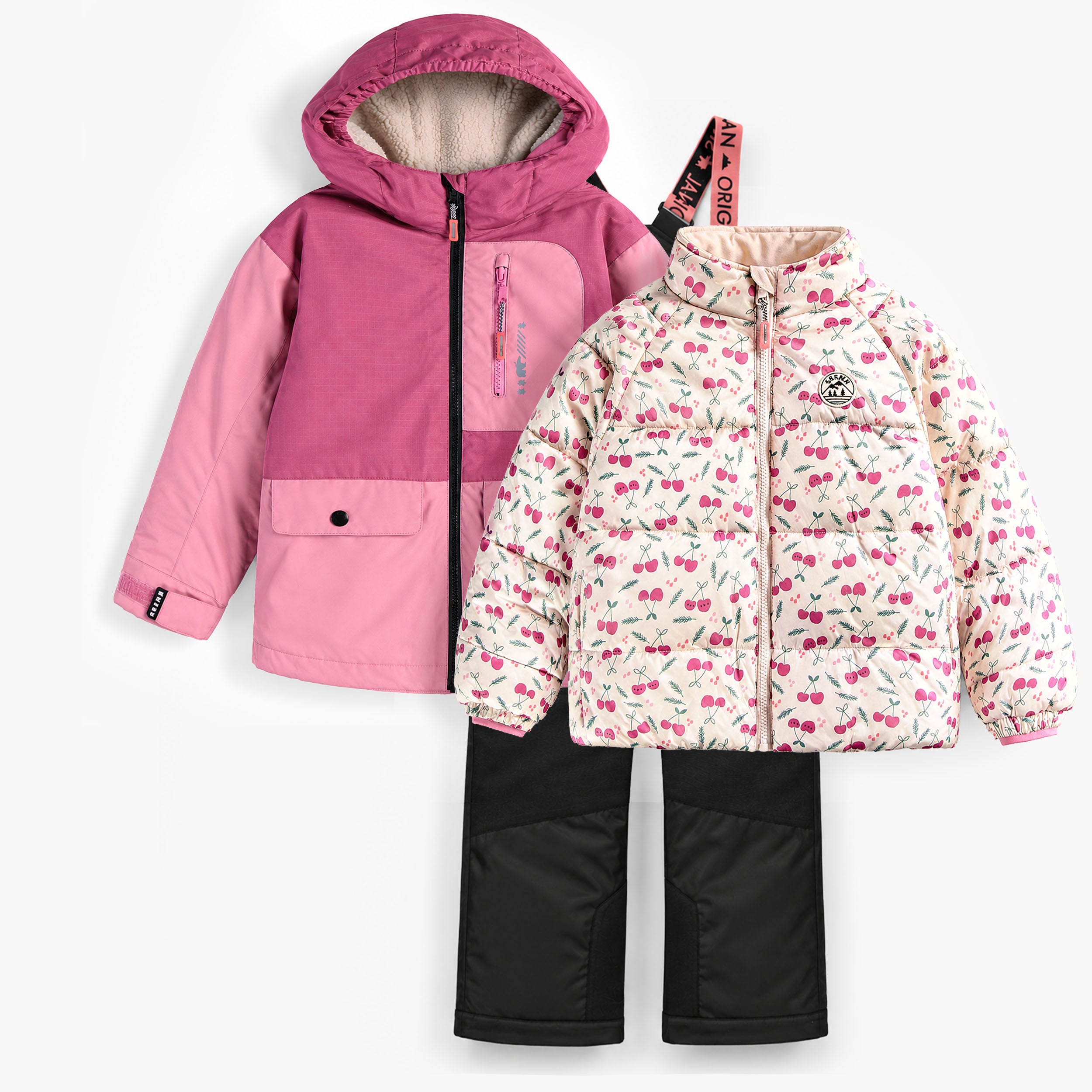 Ensemble d’hiver 3-en-1 pour fille avec manteau rose à capuche doublée, veste isolée amovible à motif cerises et pantalon de neige noir résistant. - Souris Mini