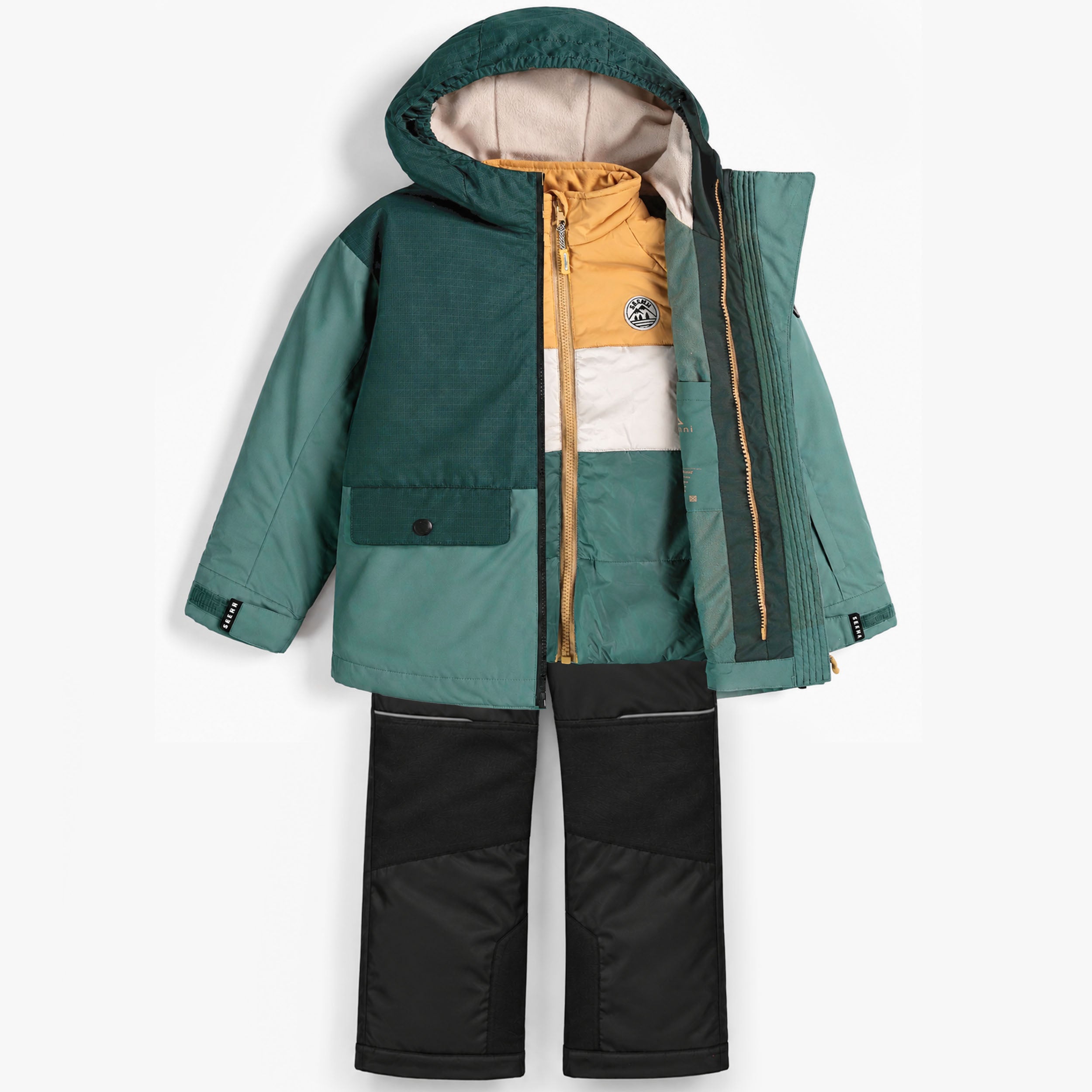 Ensemble de ski enfant vert et jaune avec veste ouverte et doudoune intérieure visible