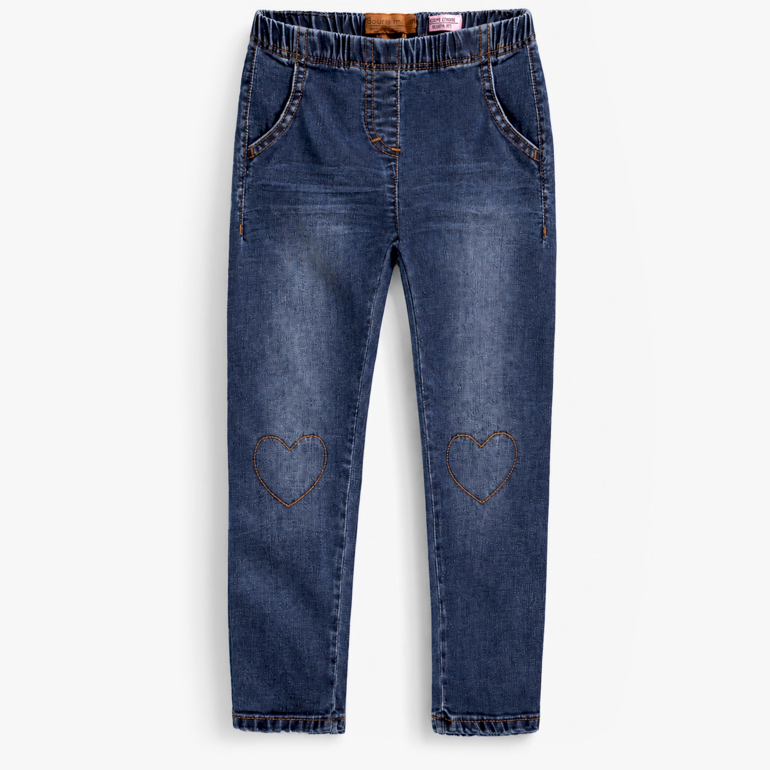 Jean enfant fille bleu foncé avec taille élastiquée, poches avant et motifs cœur brodés au niveau des genoux. - Souris Mini