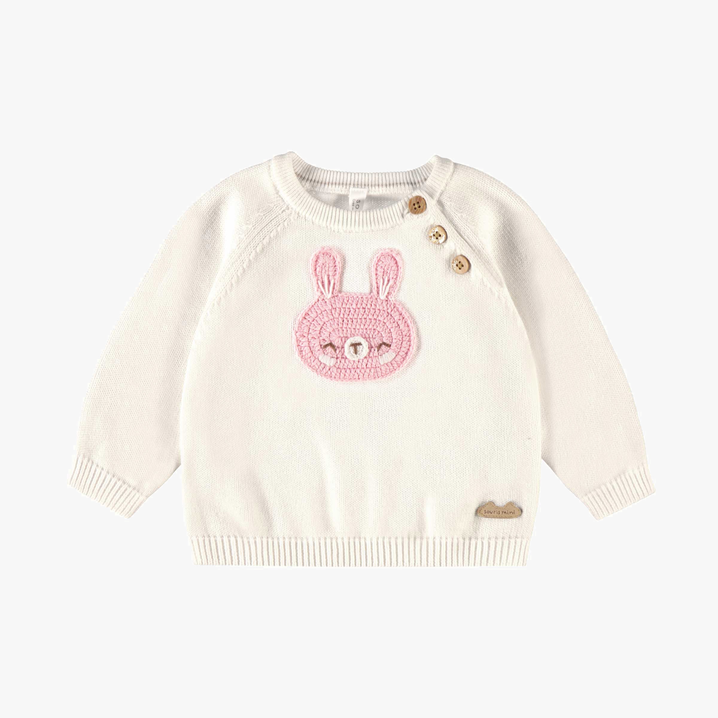 Chandail de maille crème avec lapin rose pour naissance