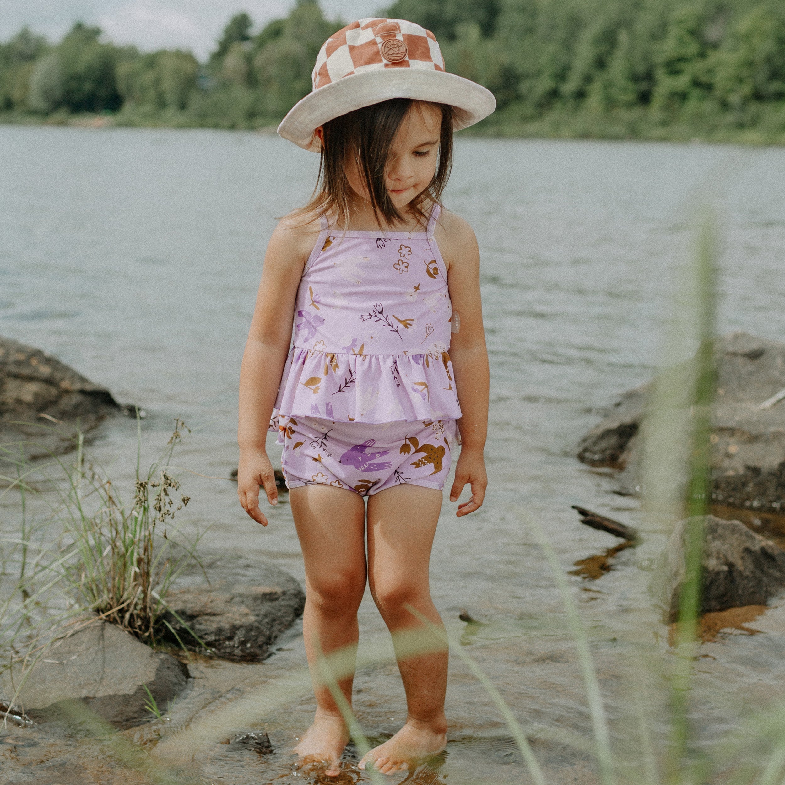 Purple two-pieces swimsuit with birds pattern, baby
