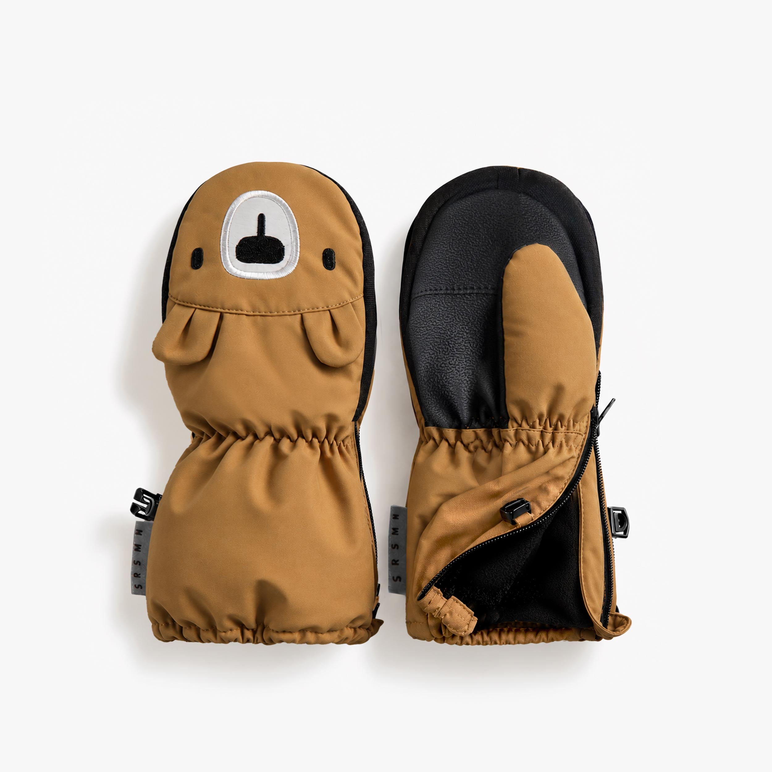 Mitaines d'hiver caramel pour bébé avec visage d'ourson, paume noire imperméable et fermeture éclair latérale. - Souris Mini