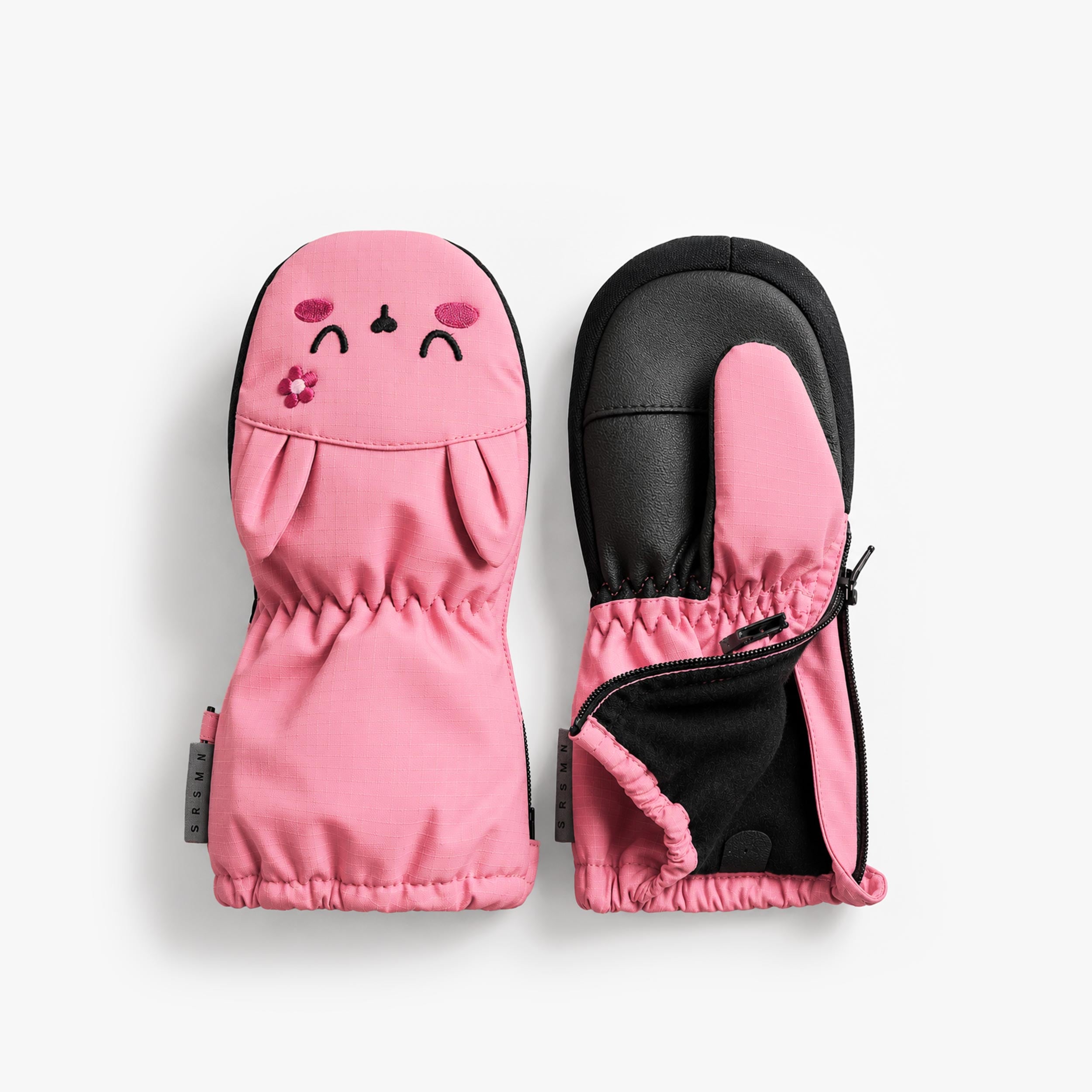 Mitaines d'hiver roses pour fille avec visage brodé, paume noire imperméable et longue manchette. - Souris Mini