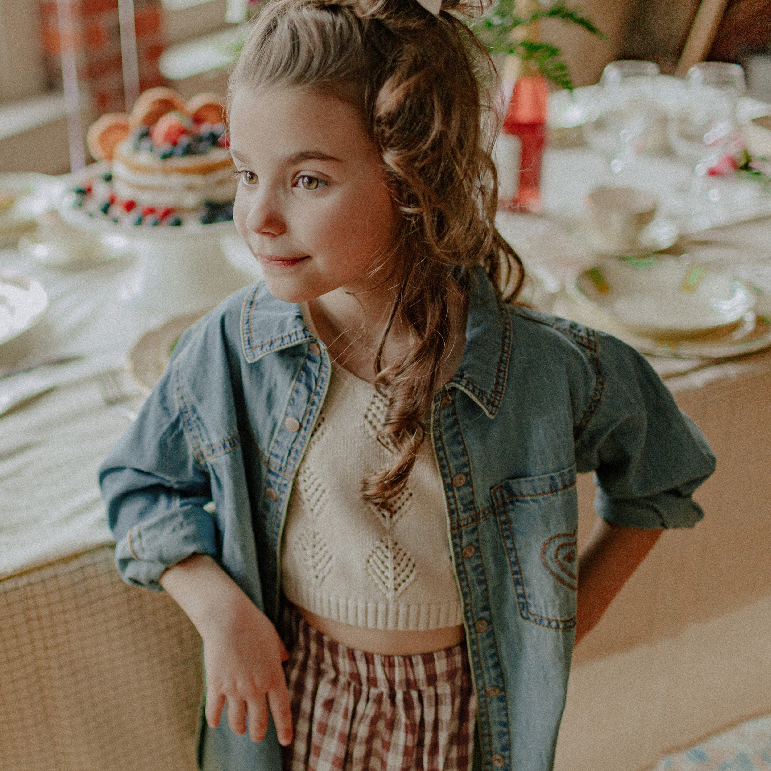 Cream and brown checkered skirt in seersucker, child