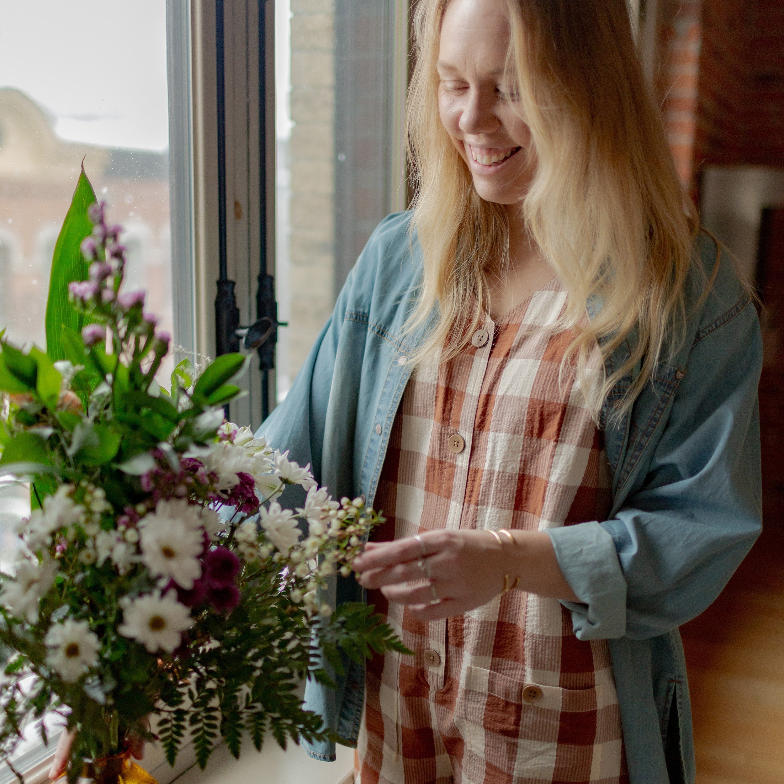 Brown plaid overall in cotton, adult