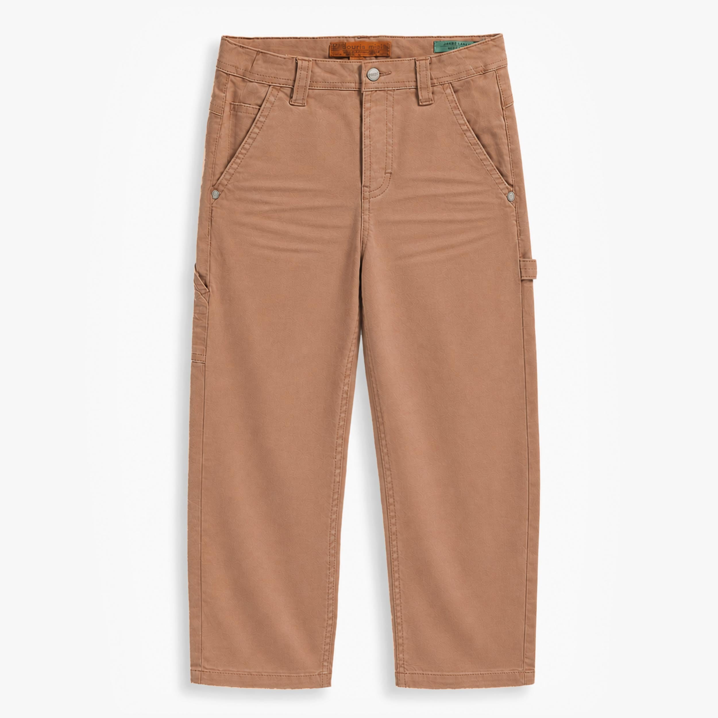 Pantalon enfant beige camel à coupe droite avec poches avant et détails utilitaires sur les côtés. - Souris Mini