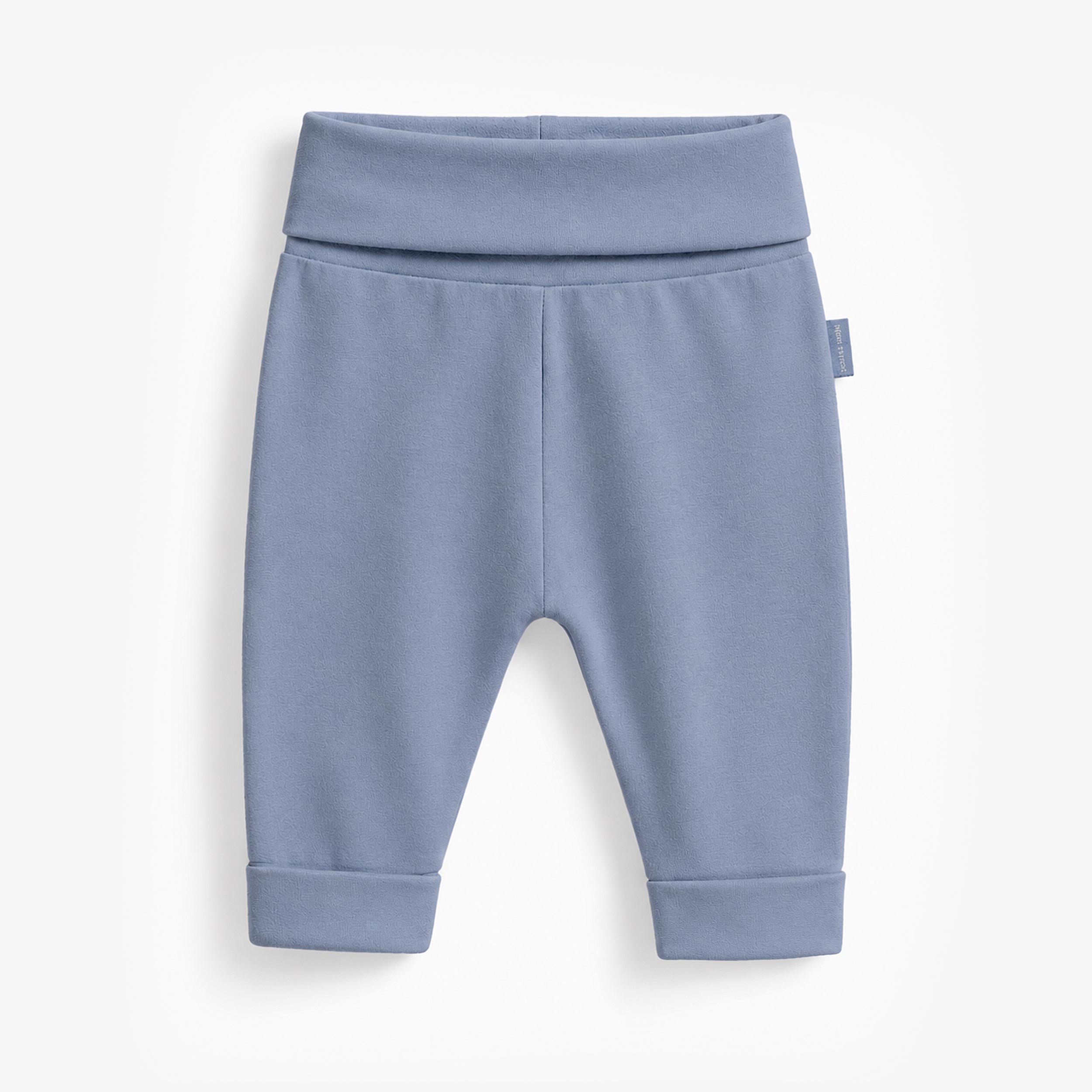 Pantalon bébé bleu en jersey de coton extensible avec taille repliable et chevilles à revers. - Souris Mini