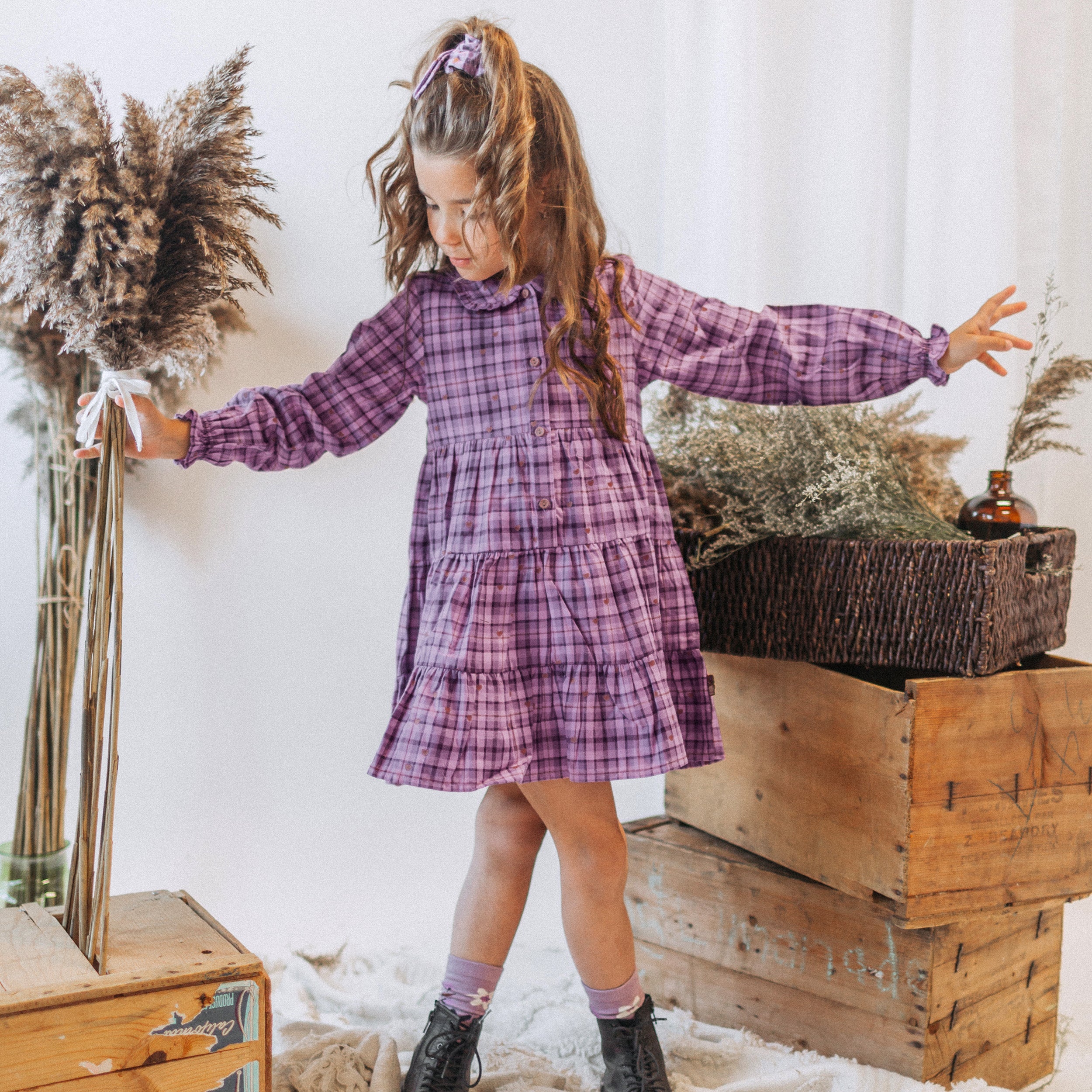 Purple plaid dress in brushed flannel, child