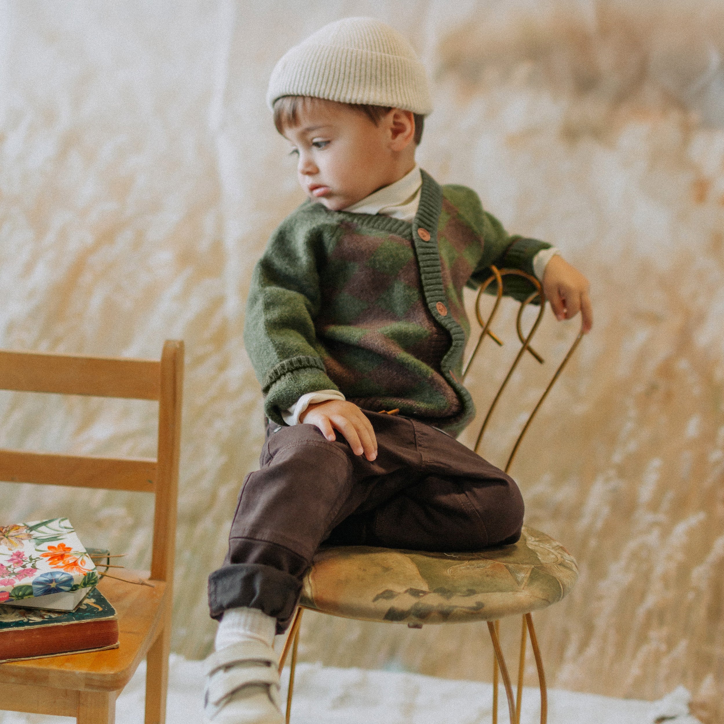 Veste de maille verte foncée à motif jacquard en losange, bébé