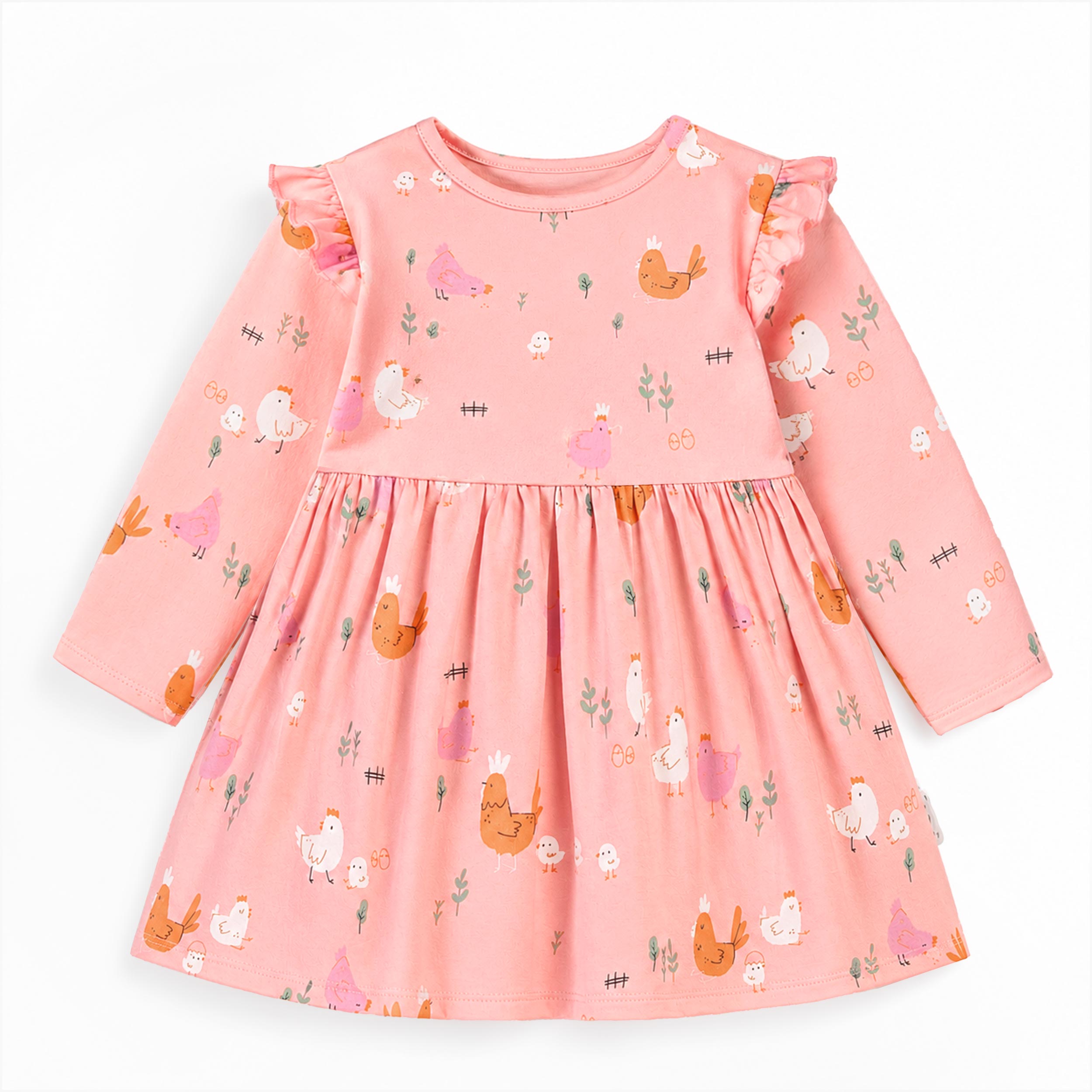 Robe rose bébé à manches longues avec imprimé poules et volants aux épaules - Souris Mini