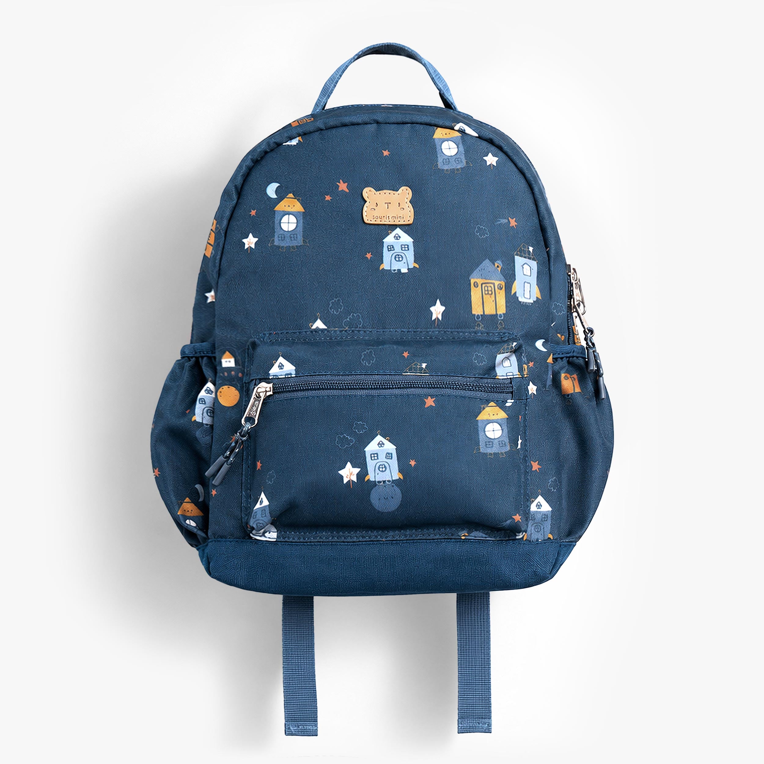 Sac à dos enfant bleu marine avec imprimé ludique de petites maisons, étoiles et lune, pratique pour l’école et les sorties. - Souris Mini