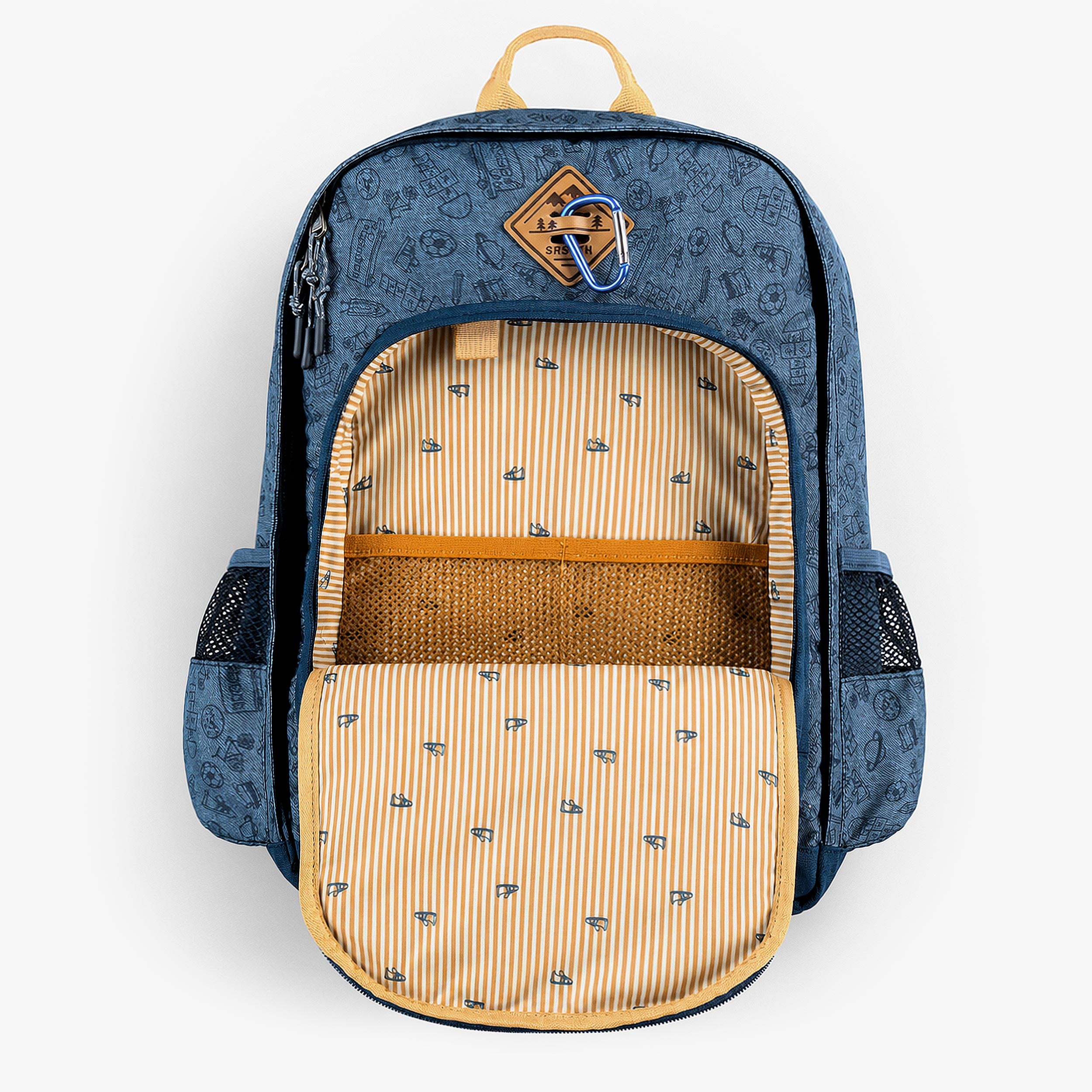 Sac à dos enfant bleu avec poche avant ouverte, doublure rayée jaune et poche filet de rangement intégrée.