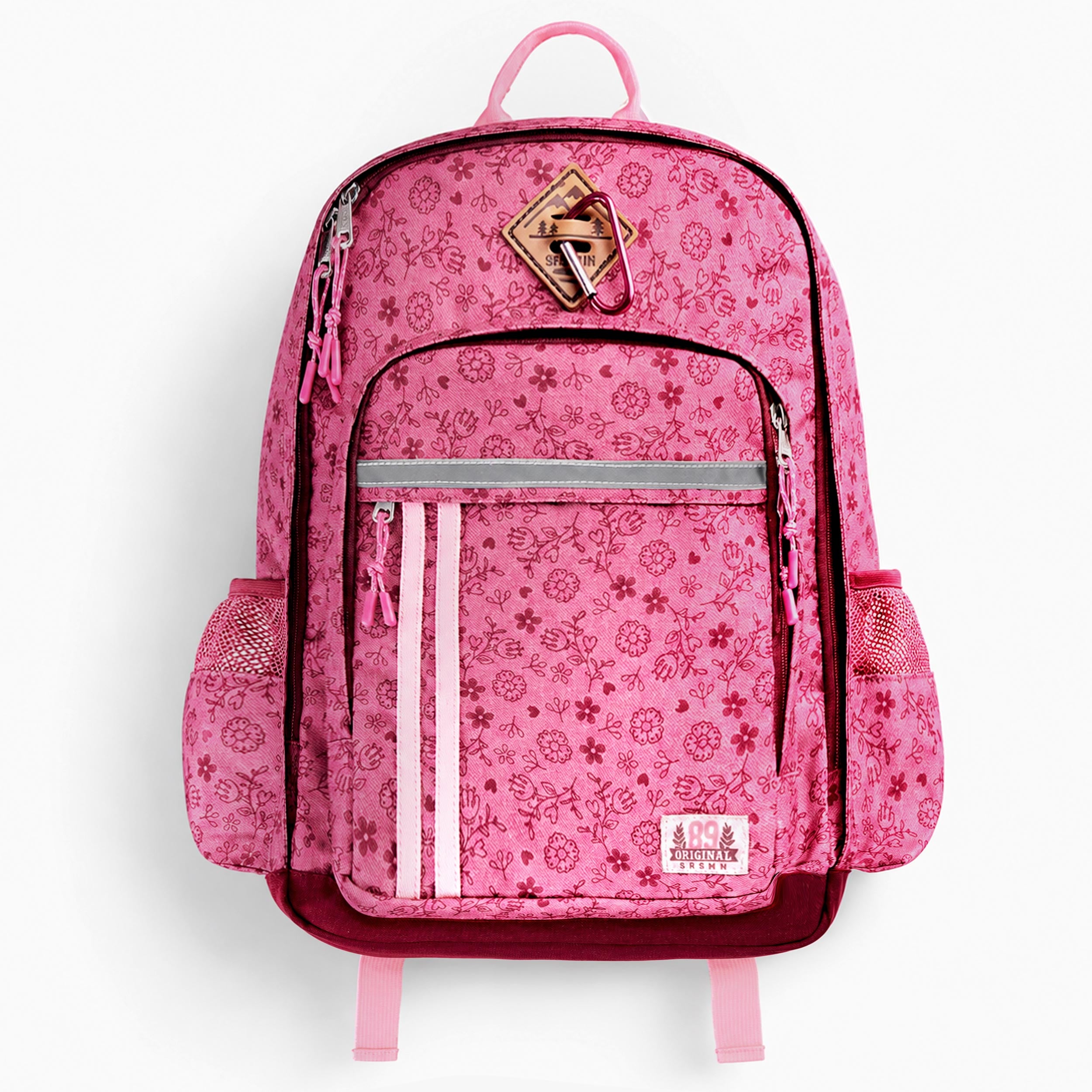 Sac à dos enfant rose à imprimé floral avec plusieurs compartiments zippés, poches latérales et détails réfléchissants. - Souris Mini