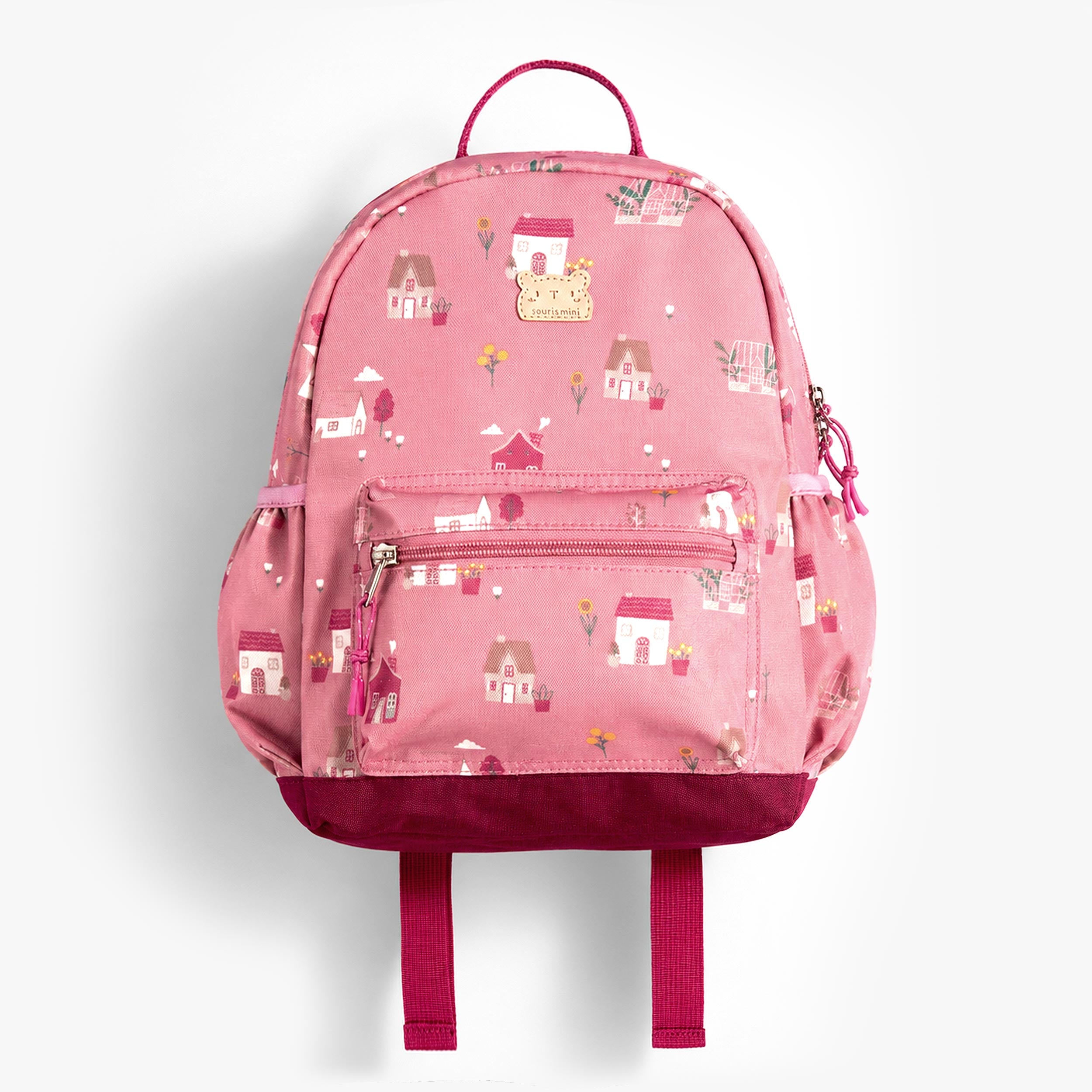 Sac à dos enfant rose avec imprimé maisons et fleurs, poche avant zippée - Souris Mini