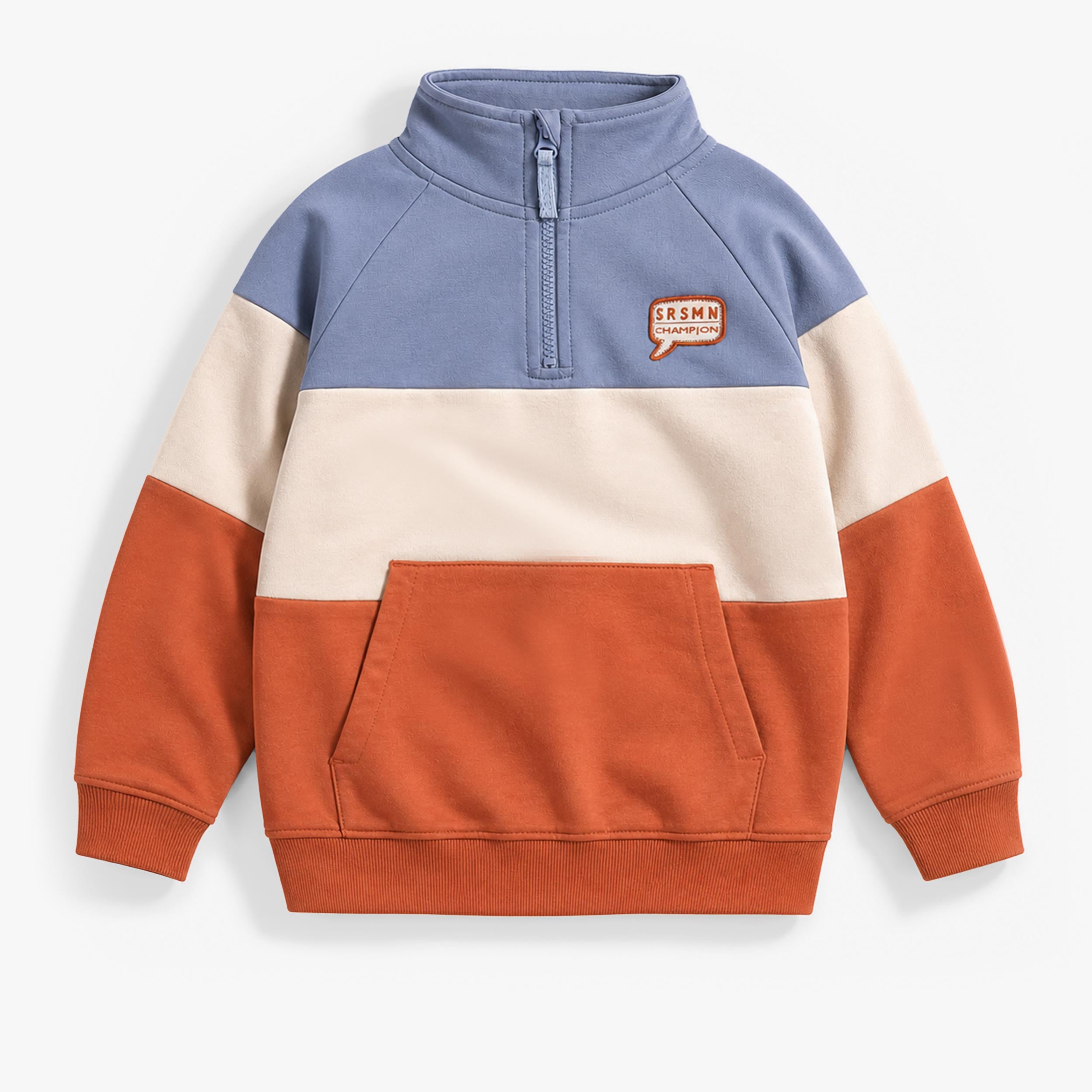 Sweat enfant garçon style colorblock avec demi-zip, col montant et poche kangourou confortable