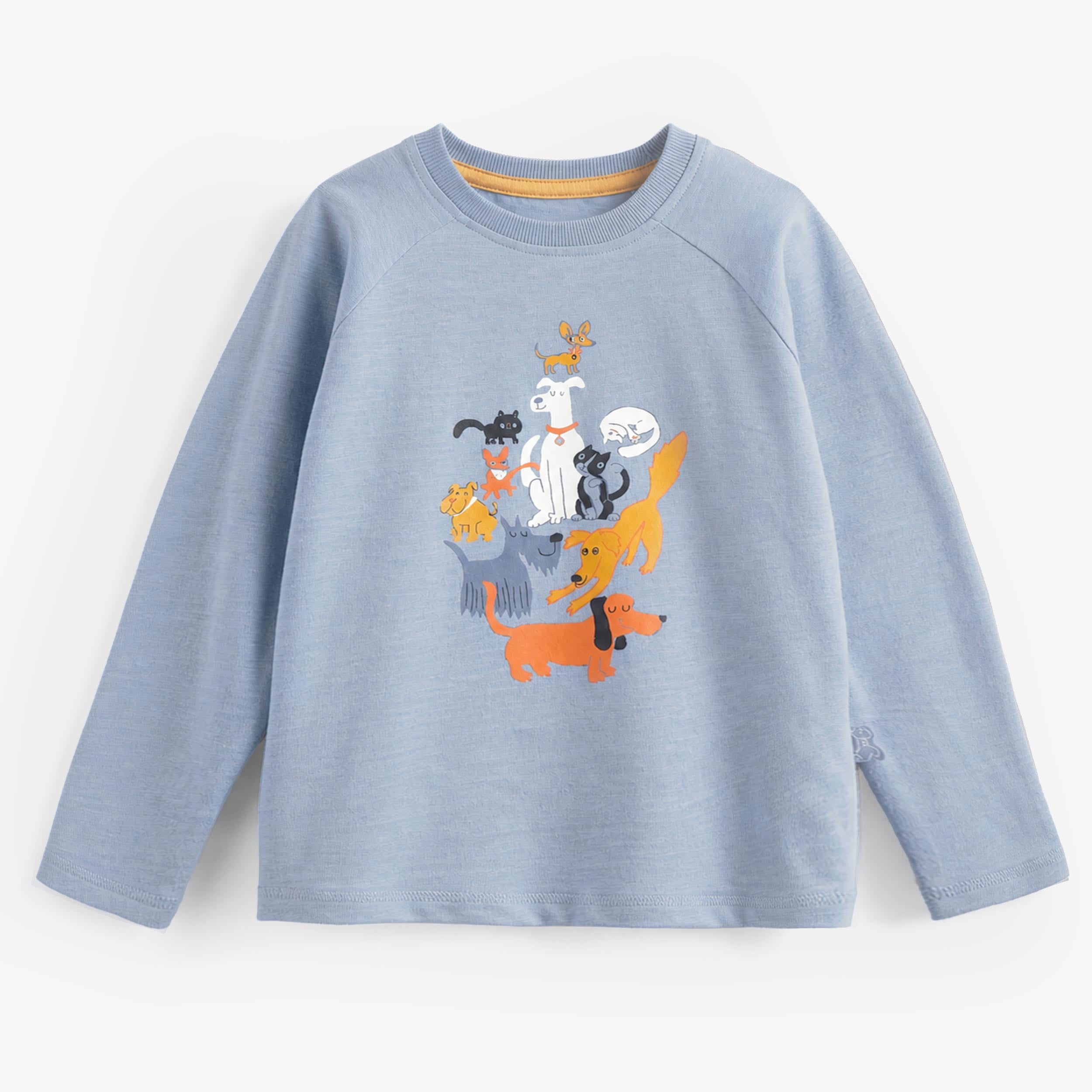 T-shirt garçon bleu en coton doux avec illustration ludique d’animaux multicolores