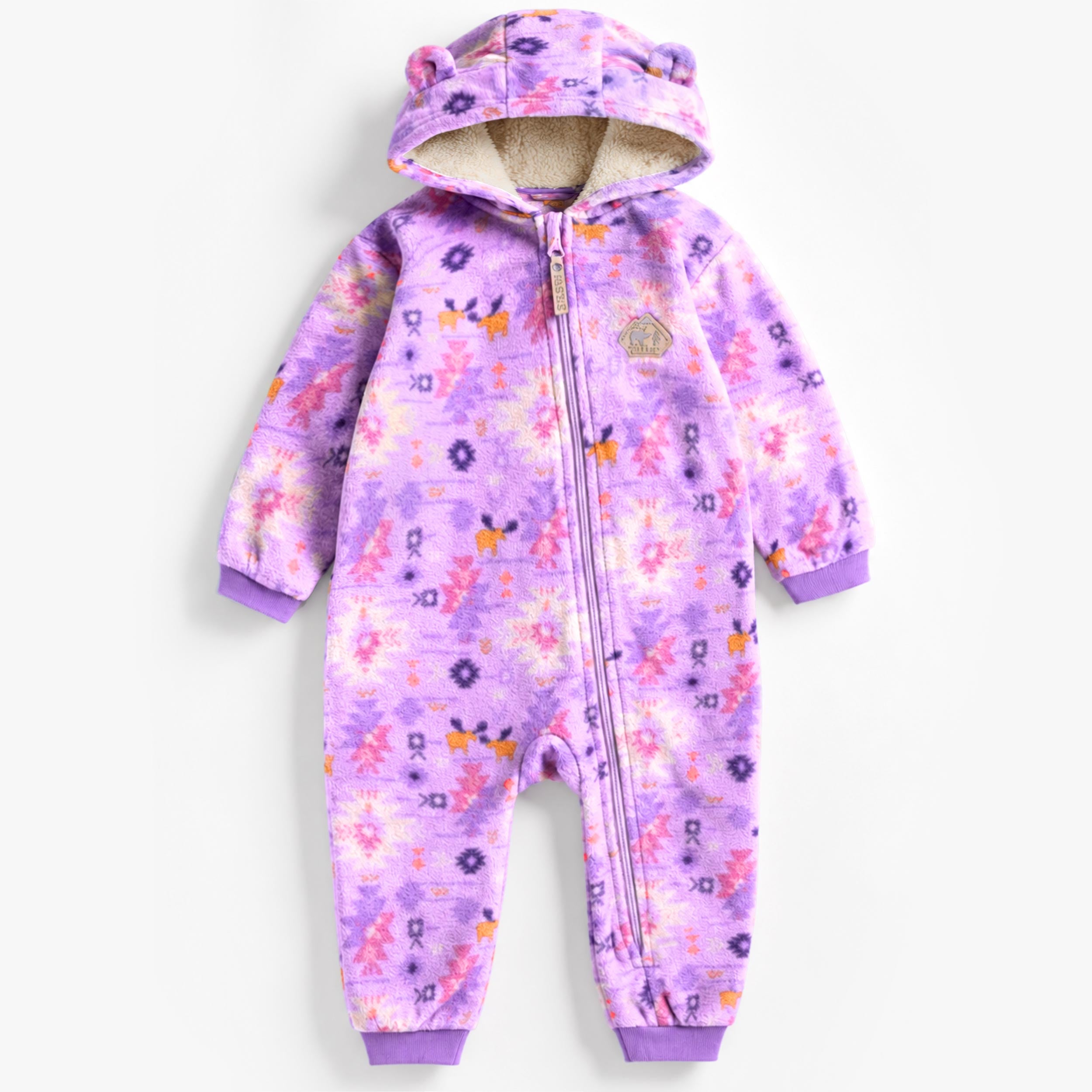 Une-pièce mauve en polar à imprimé pour bébé avec capuchon, doublure en sherpa et fermeture éclair.