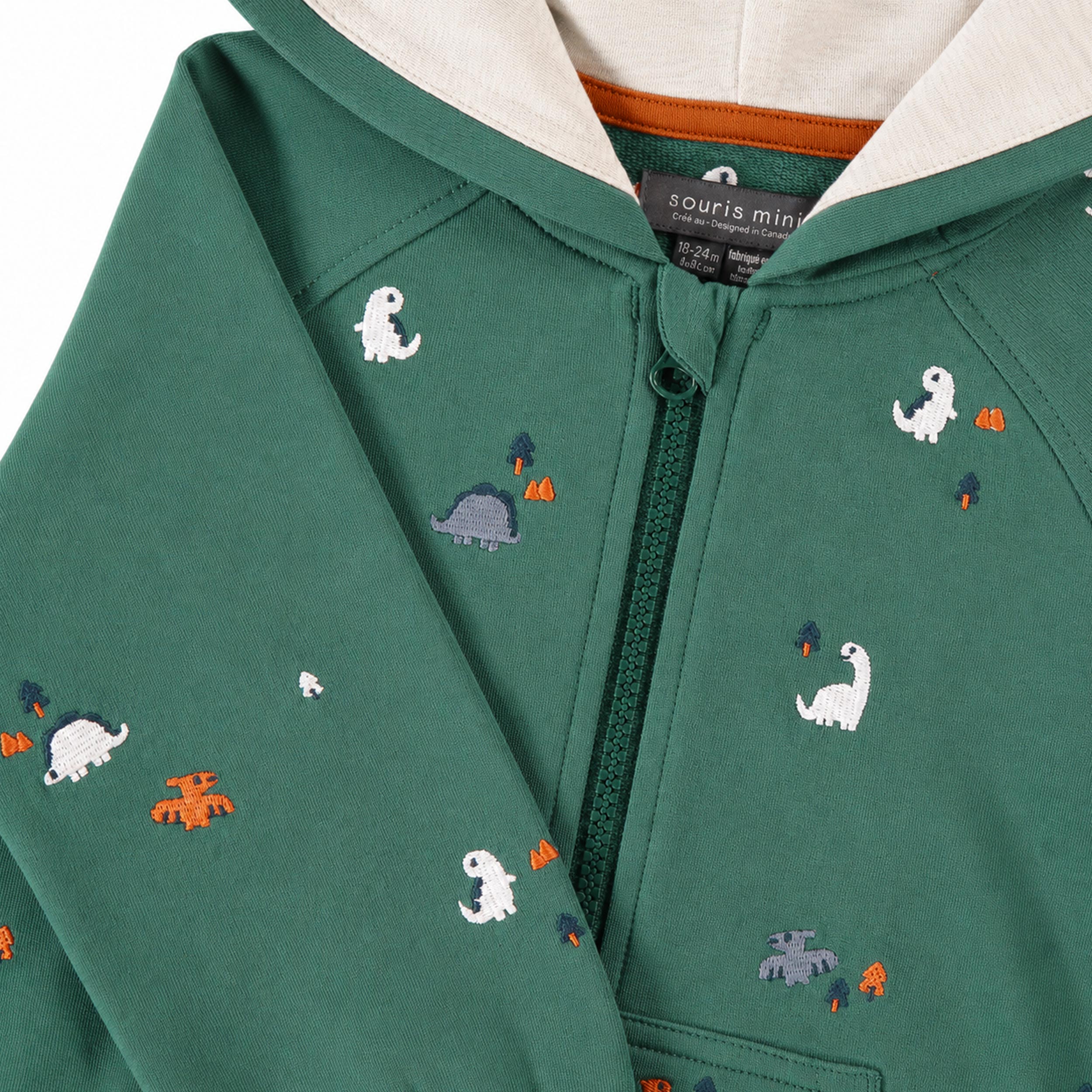 Zoom sur veste bébé verte à capuche avec imprimé dinosaures colorés et fermeture éclair