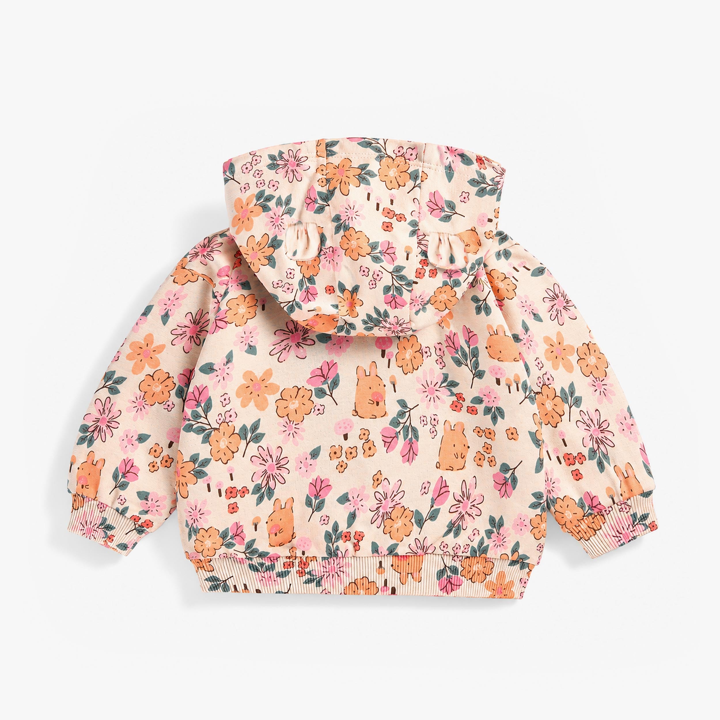 Vue arrière d’une veste à capuche bébé fille à imprimé floral et lapins sur fond écru.