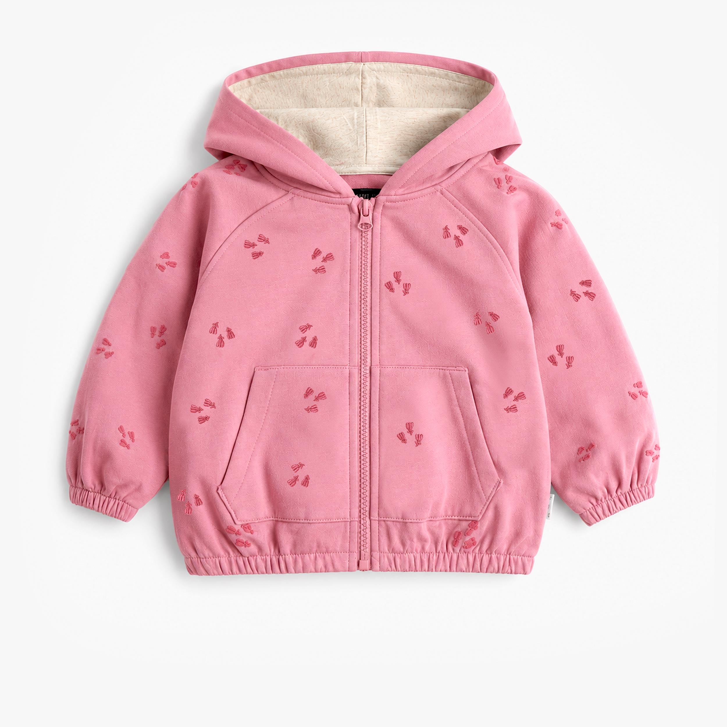Veste à capuche rose bébé avec fermeture éclair et petits motifs brodés - Souris Mini