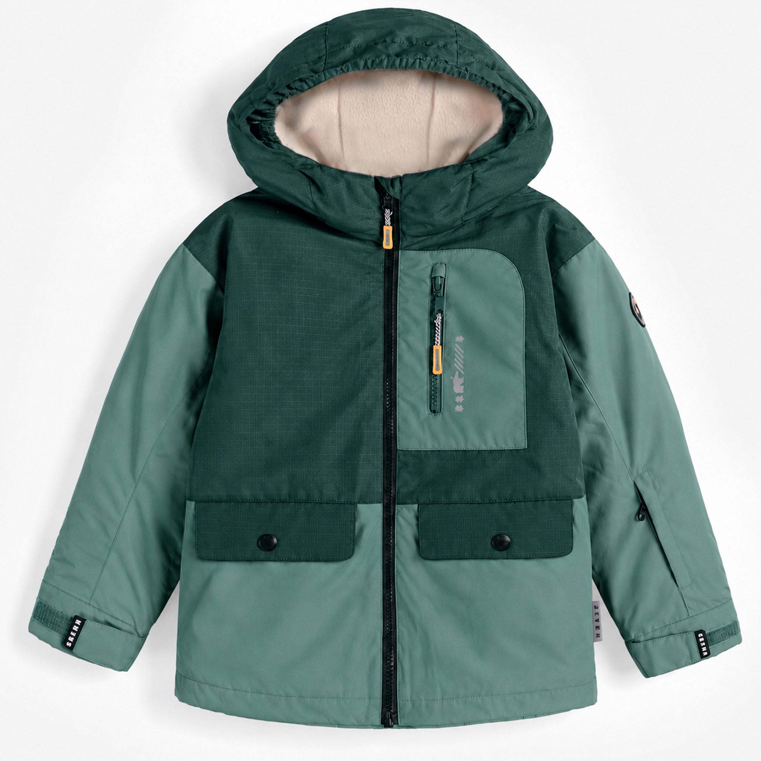 Veste de ski enfant bicolore verte avec capuche et doublure polaire sur fond blanc