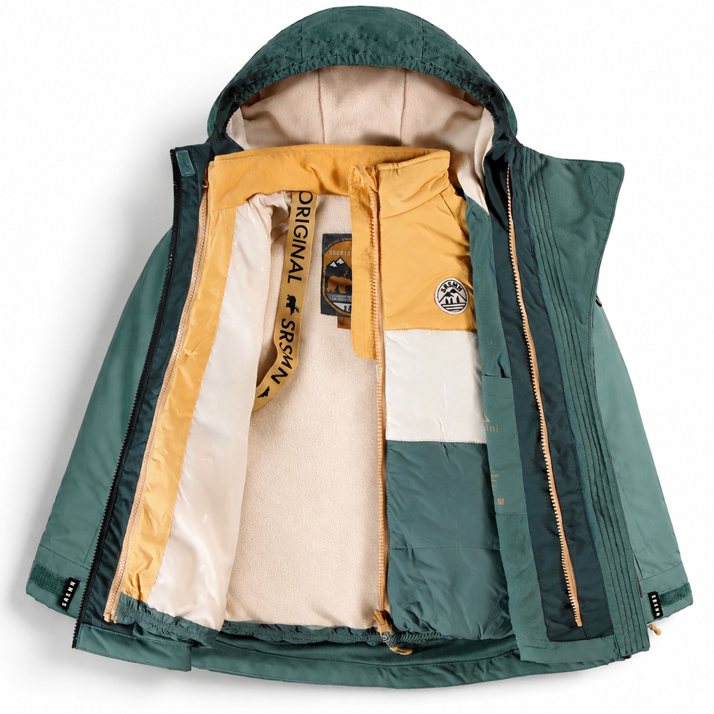 Veste de ski enfant ouverte avec doublure polaire beige et doudoune intérieure jaune visible