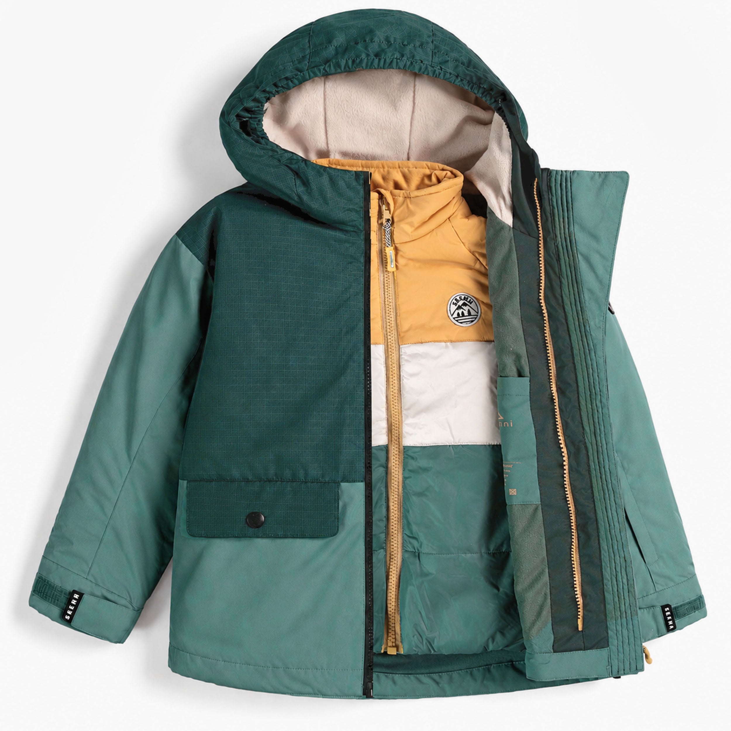 Veste de ski enfant verte avec doublure polaire et doudoune intérieure jaune visible